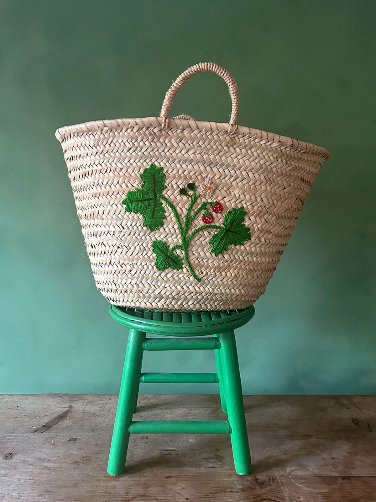 Hand Embroidered Market Basket with Wild Strawberry Design - Eco-Friendly Cotton Tote for Grocery Shopping, Farmers Market & Picnic Outings