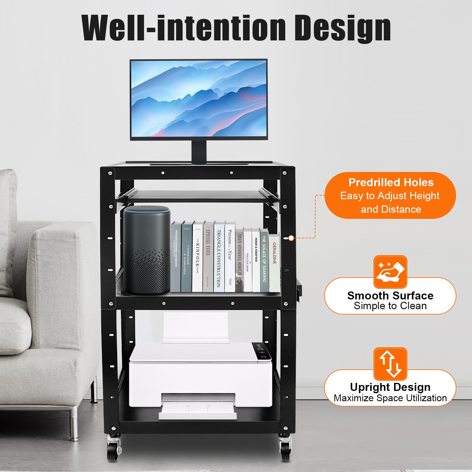 42 Inch Adjustable Height AV Media Cart with Wheels - 4-Tier Steel Rolling Stand for Laptop, Notebook & Keyboard - Mobile Office & Home Use for Presentations, Classrooms & Workspaces