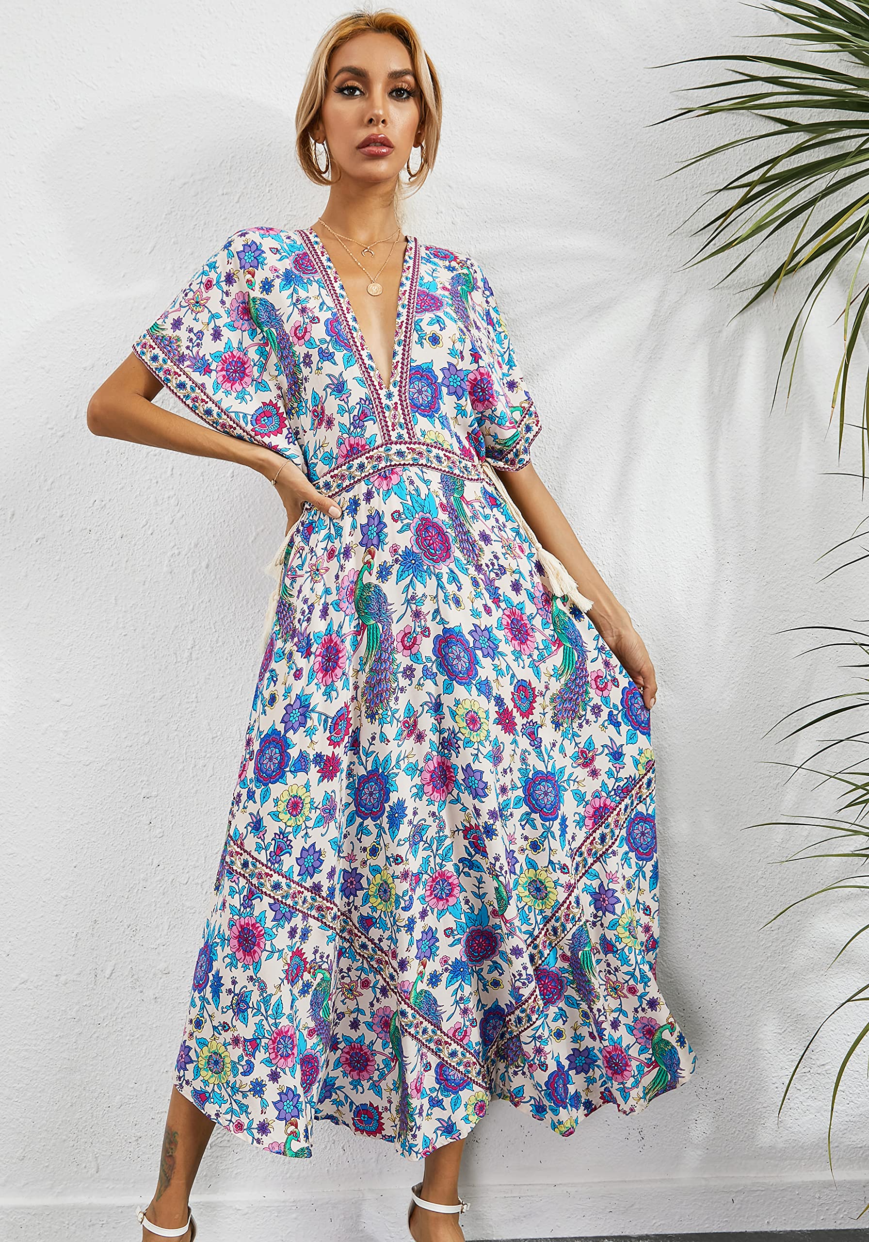 R.Vivimos Women's Floral Print Deep V-Neck Cotton Maxi Dress - Lightweight Summer Beach Cover Up, Boho Chic for Vacations, Poolside Lounging & Outdoor Parties