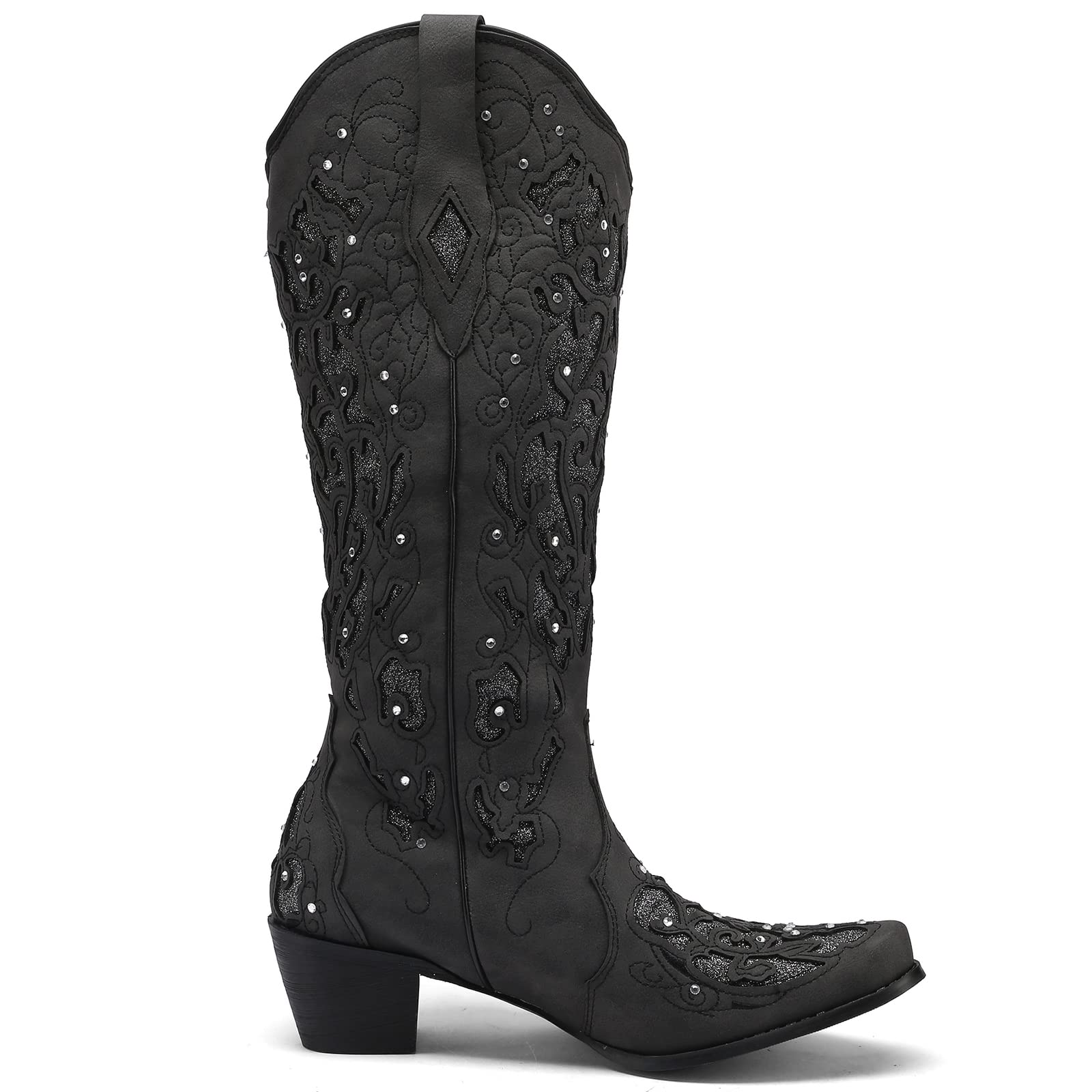 Kluolandi Women's Western Cowboy Boots - Wide Calf Knee High Rhinestone Embroidered Cowgirl Boots with Chunky Heel | Perfect for Country Dancing, Rodeo Events & Western Fashion Outfits