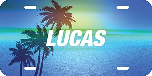 Lucas Personalized Blue Palm Tree Beach Novelty License Plate Sign - Perfect for Tropical Home Decor, Beach House, or Gift Idea