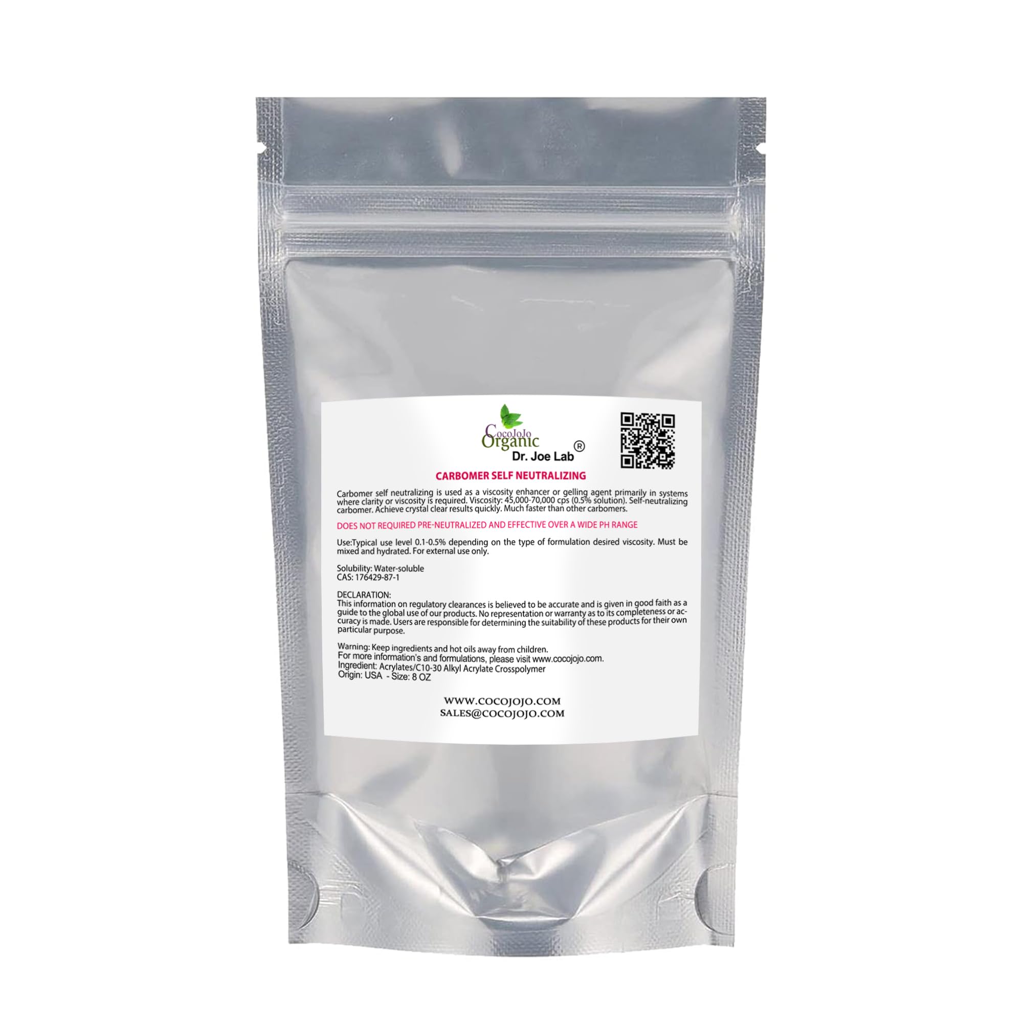 Cocojojo Self Neutralizing Carbomer/Carbopol Powder 8oz - Premium Cosmetic Thickening Agent for Gels, Creams & Lotions | Vegan, Clear Emulsifier for DIY Skincare Formulations | Perfect for Homemade Beauty Products and Professional Use
