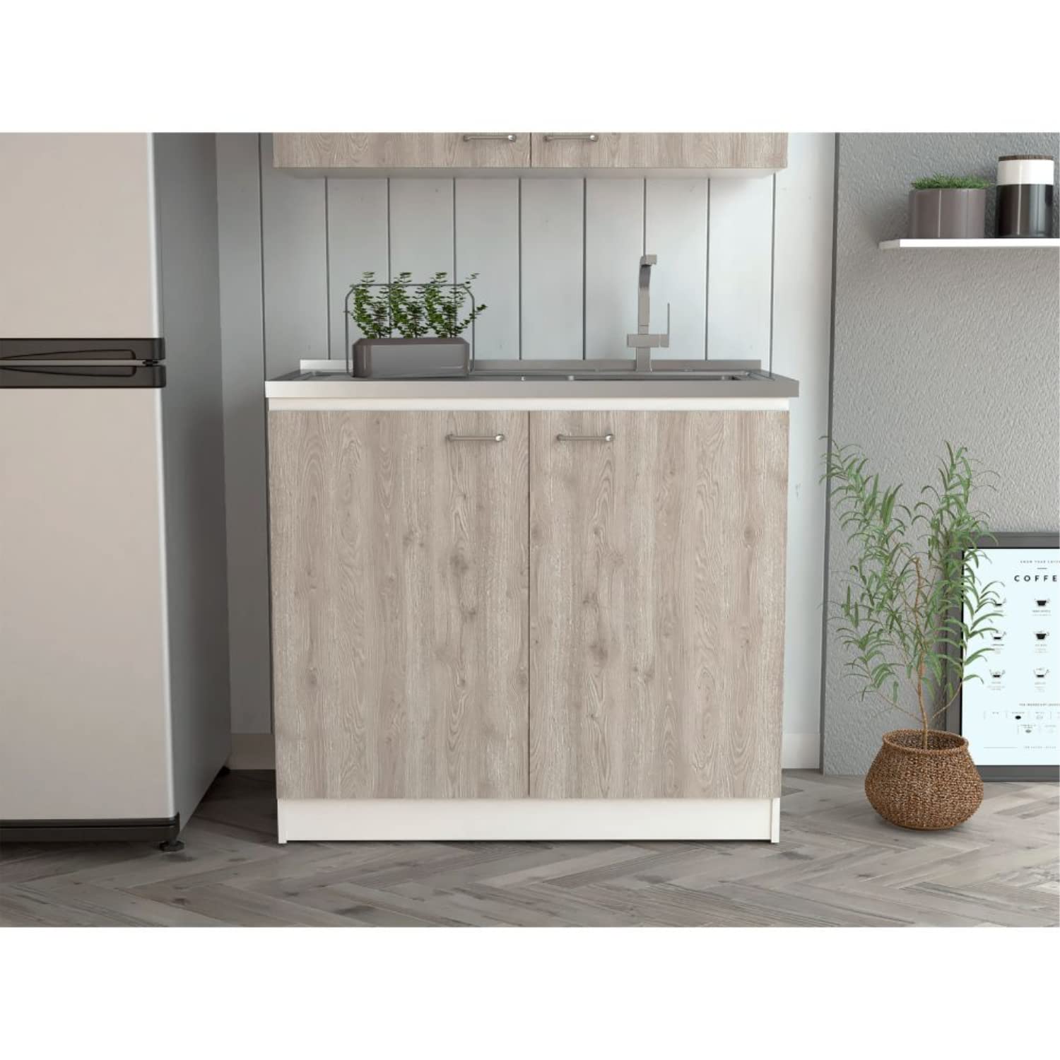 Salento Freestanding Bathroom Sink with Double Door Storage Cabinet - 2 Adjustable Shelves, White/Light Gray Finish - Perfect for Small Bathrooms, Powder Rooms & Laundry Areas