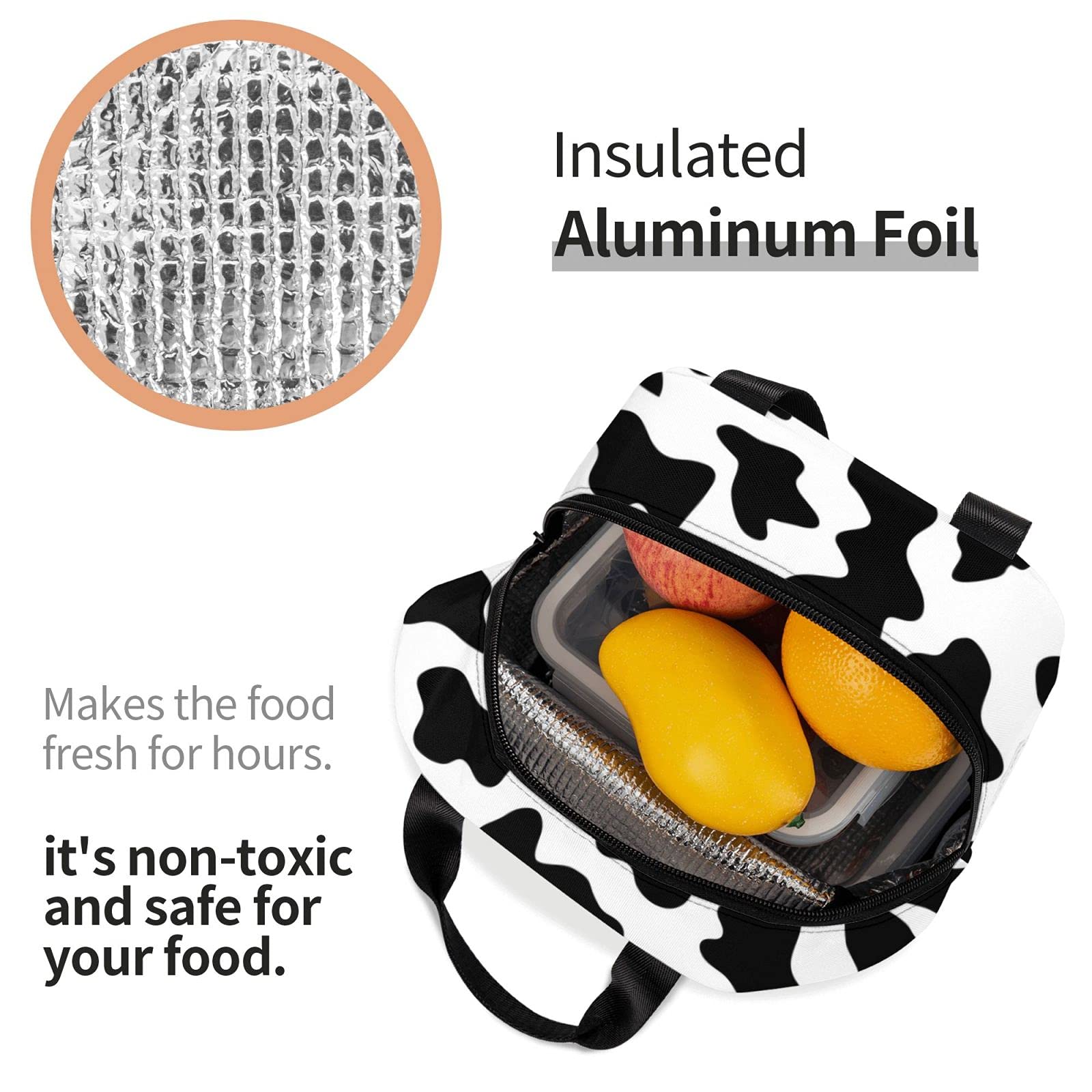 Insulated Reusable Lunch Bag for Women & Men - Cooler Lunch Tote with Front Pocket for Office, Work, Picnic & Travel - Stylish Black Cow Print Design
