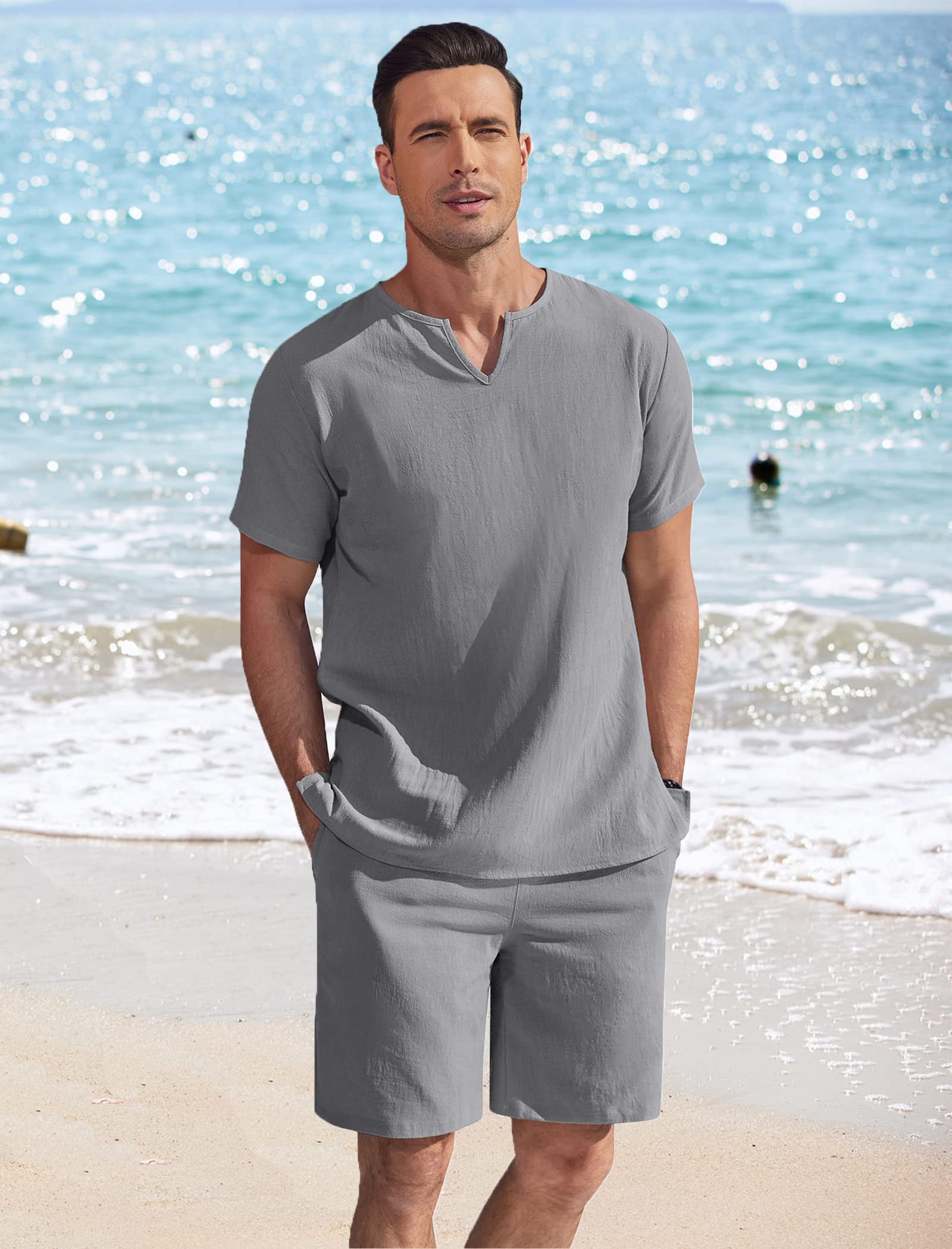 COOFANDY Men's 2-Piece Cotton Linen Summer Outfit - Short Sleeve V-Neck Shirt & Drawstring Casual Pants with Pockets | Beachwear, Vacation, Lounge & Street Style Fashion