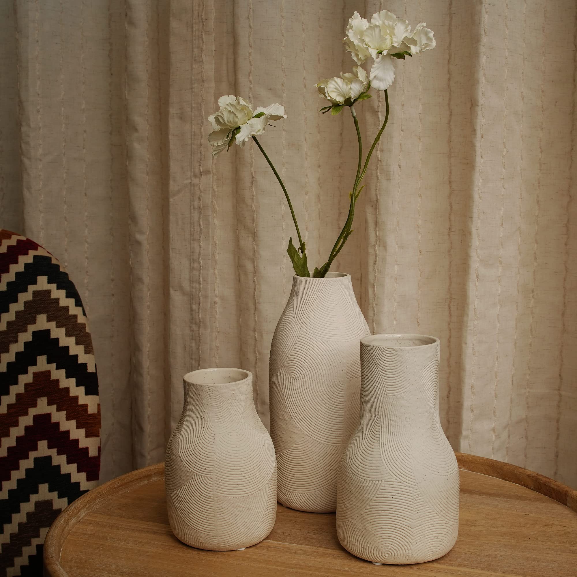 Matte White Ceramic Vase Set of 3 - Textured Home Decor Vases for Flowers, Pampas Grass, and Centerpieces | Boho Chic Living Room, Office & Table Decor | Perfect for Wedding, Housewarming & Interior Design