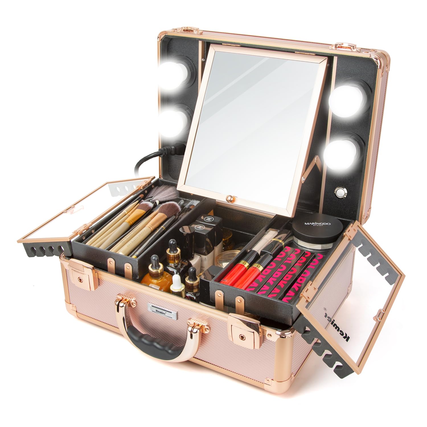 Kemier Professional Makeup Train Case with LED Lights & Mirror - Large Cosmetic Organizer Box with Custom Dividers, Rose Gold Makeup Artist Kit for Travel & Salon Use