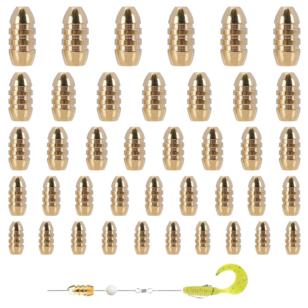 52PCS 5-Size Golden Brass Fishing Weights Sinkers - Grooved Bullet Shape for Freshwater & Saltwater Bass Fishing - Perfect for Shore, Boat and Ice Fishing