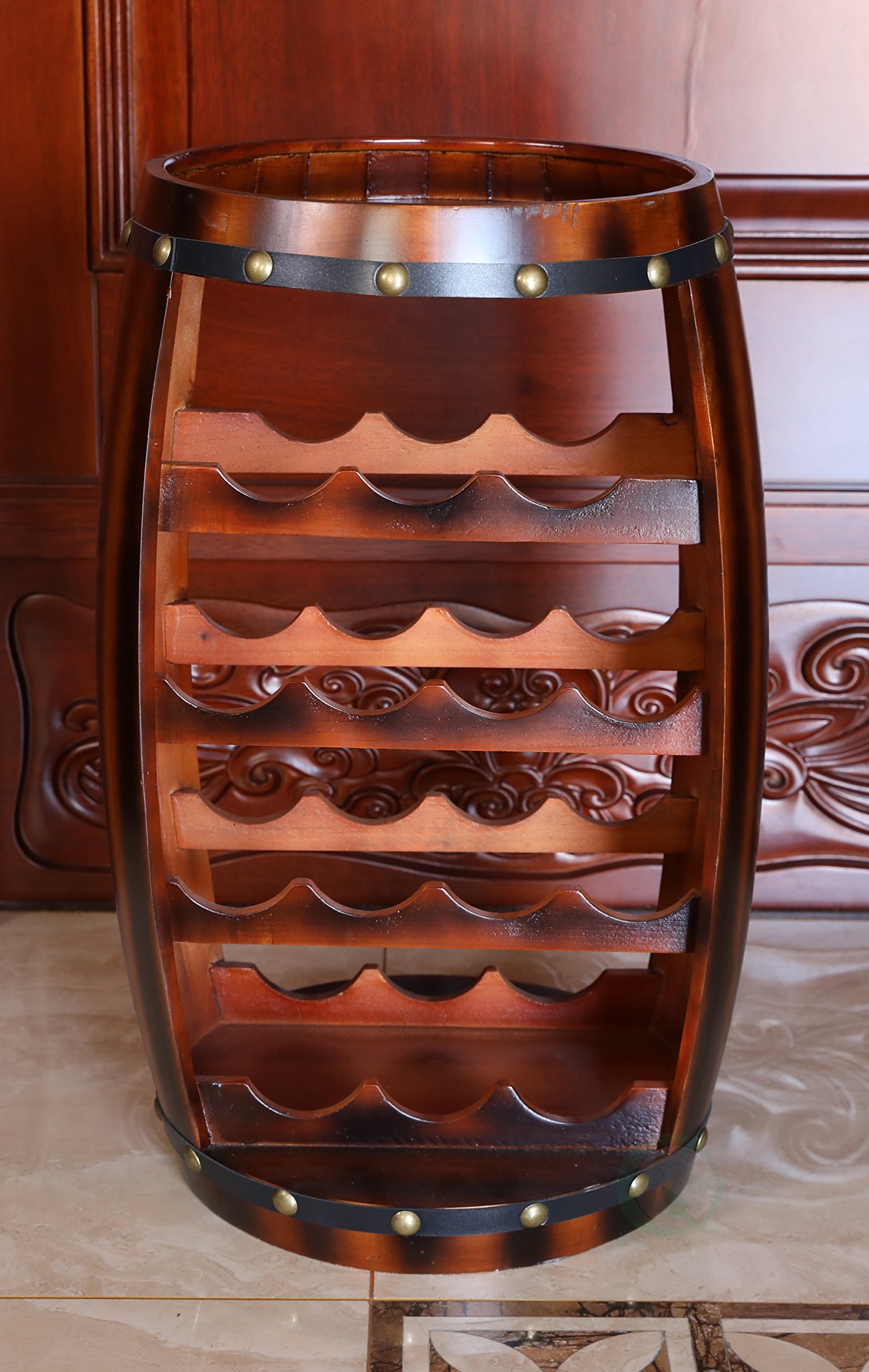 Wooden Barrel-Shaped 14 Bottle Wine Rack - Rustic Home Bar Decor for Kitchen, Dining Room & Cellar Storage