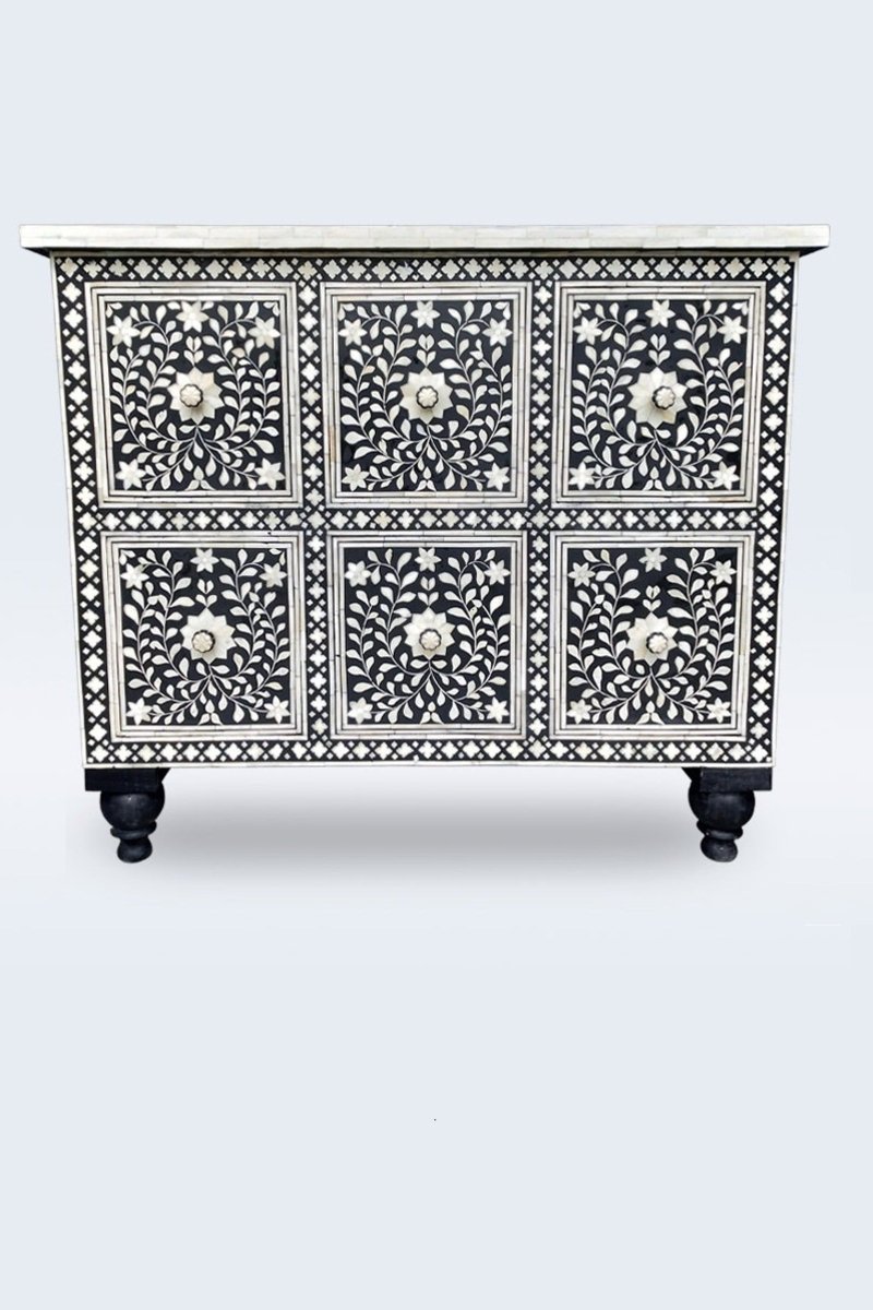 Handmade Bone Inlay 6-Drawer Dresser - Black Wooden Chest of Drawers for Bedroom, Living Room & Office Storage