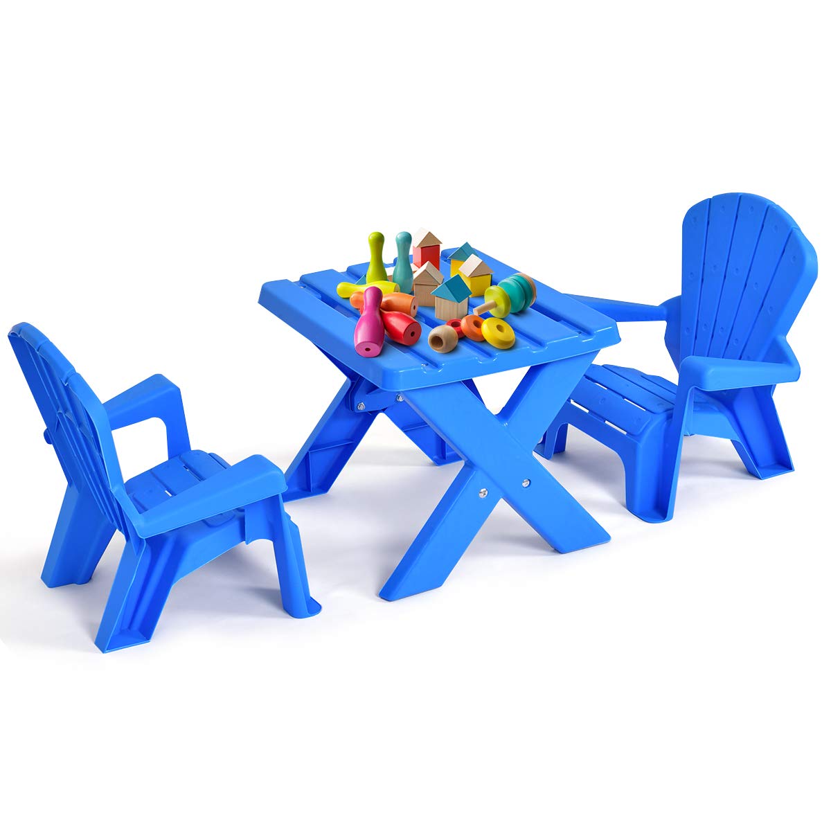Costzon Kids Table and Chair Set - Toddler Activity Table with 2 Adirondack Chairs for Outdoor Play, Picnic, Garden & Beach (Blue) | Perfect for Backyard, Patio, Preschool & Daycare Activities