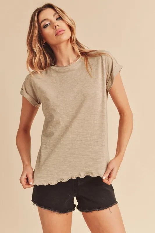 Aemi + Co Women's Lettuce Edge Round Neck Short Sleeve T-Shirt - Soft Casual Tee for Everyday Wear, Summer Outfits & Layering