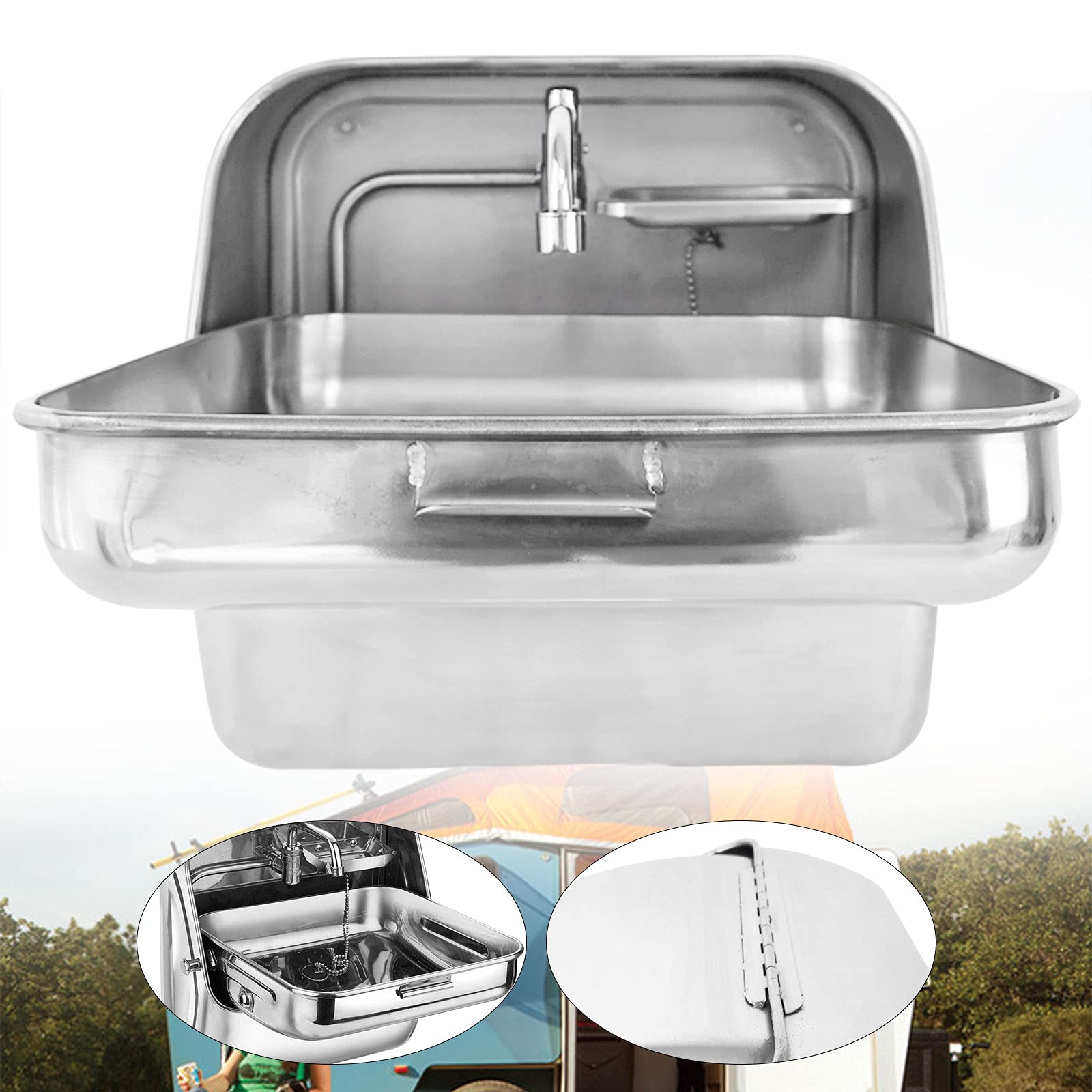 Portable RV Kitchen Folding Sink with Cold Water Faucet - Stainless Steel Wall-Mounted Hand Wash Basin for Caravan, Trailer & Camper - Perfect for Outdoor Cooking, Camping & Mobile Living