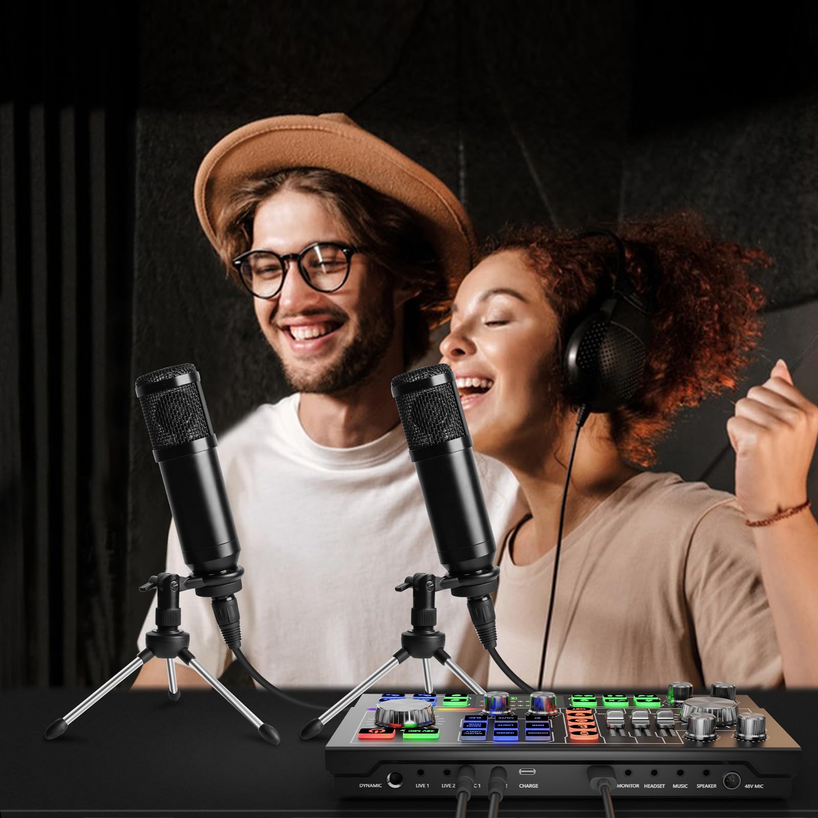 Professional Podcast Equipment Bundle for 2 - Audio Interface with 48V Phantom Power, Voice Changer, 3.5mm Condenser Mic & Dual Bluetooth Wireless - Perfect for PC/Smartphone/Laptop Streaming, Recording, TikTok Videos & YouTube Content Creation