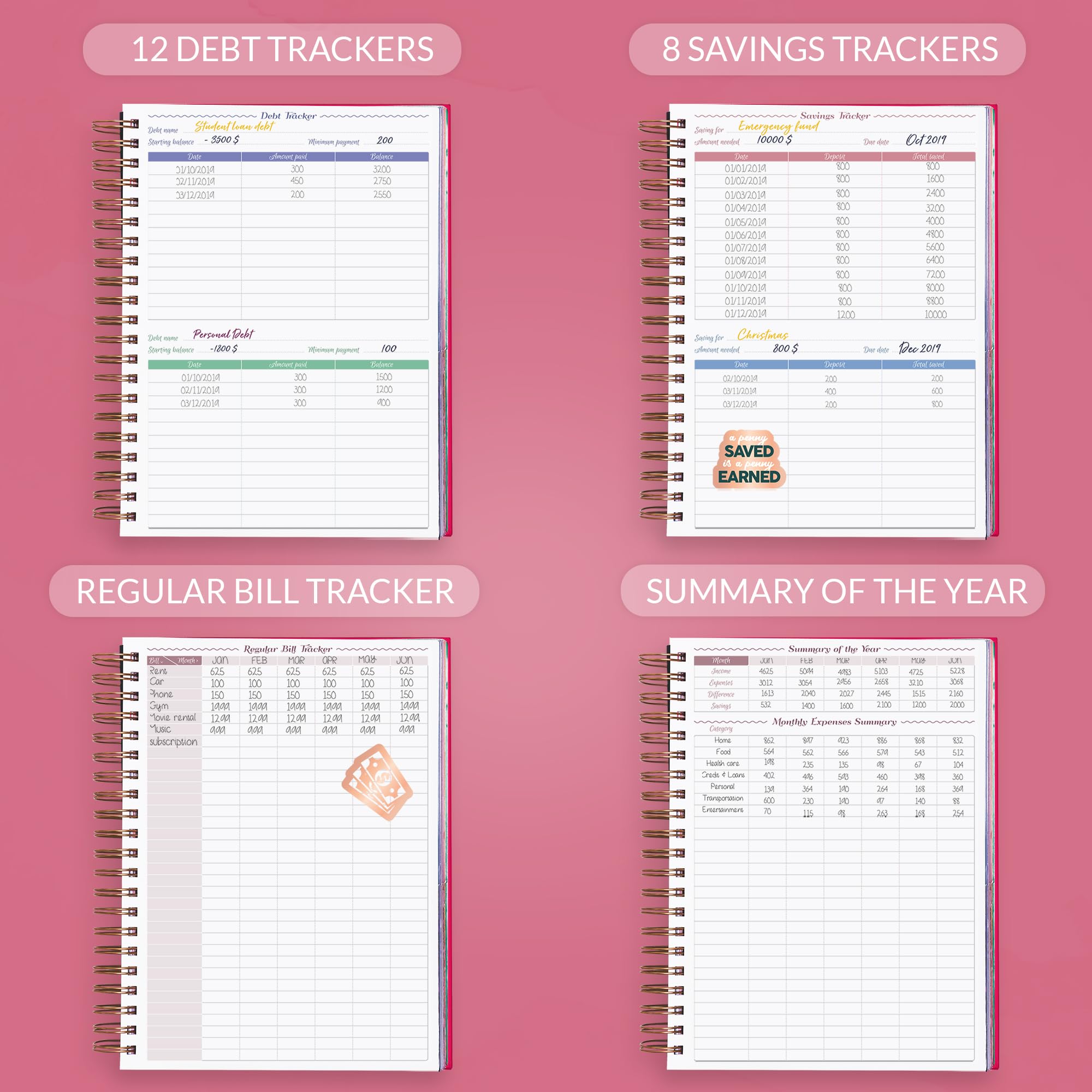 GoGirl Budget Planner - Monthly Bill Organizer with Pockets for Finance Tracking (Hot Pink)