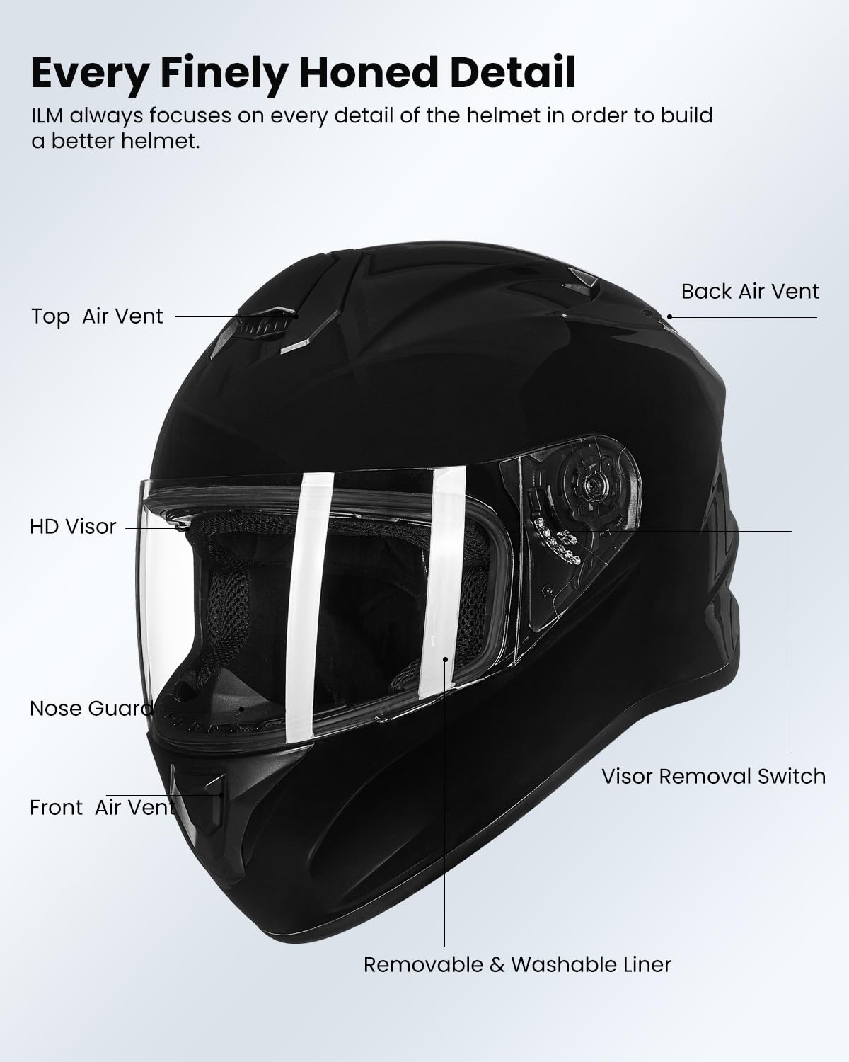 DOT Approved ILM ST-06 Full Face Motorcycle Helmet for Men & Women - Gloss Black Small with Enlarged Air Vents & Free Replacement Visor - Ideal for Street Biking, Commuting & Urban Riding