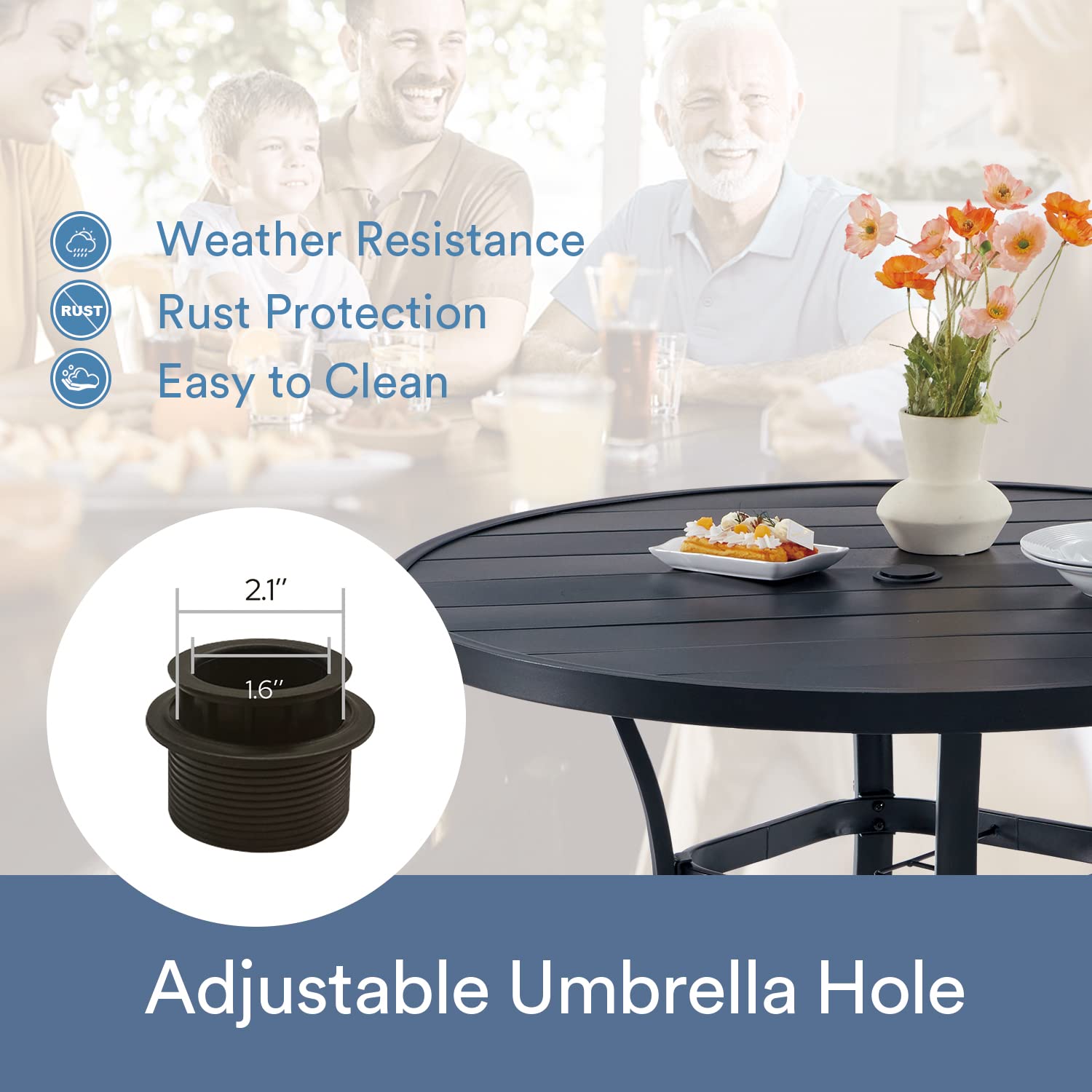 VICLLAX 42 Inch Round Outdoor Patio Dining Table - Metal Slatted Tabletop with Adjustable Umbrella Hole - Weather-Resistant Black Garden Table for Deck, Lawn, Backyard | Perfect for BBQ Parties, Poolside Dining & Outdoor Entertaining