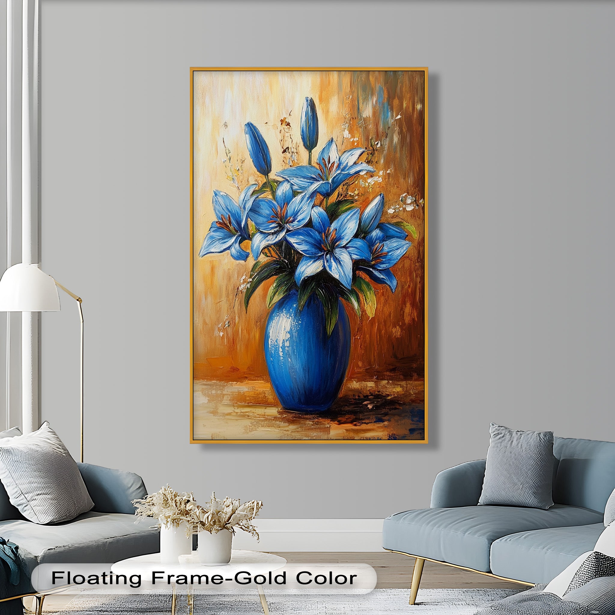 Azure Blossoms in Blue Vase - Hand-Painted Floral Oil Canvas Artwork for Living Room Decor | Wall Art for Home & Office