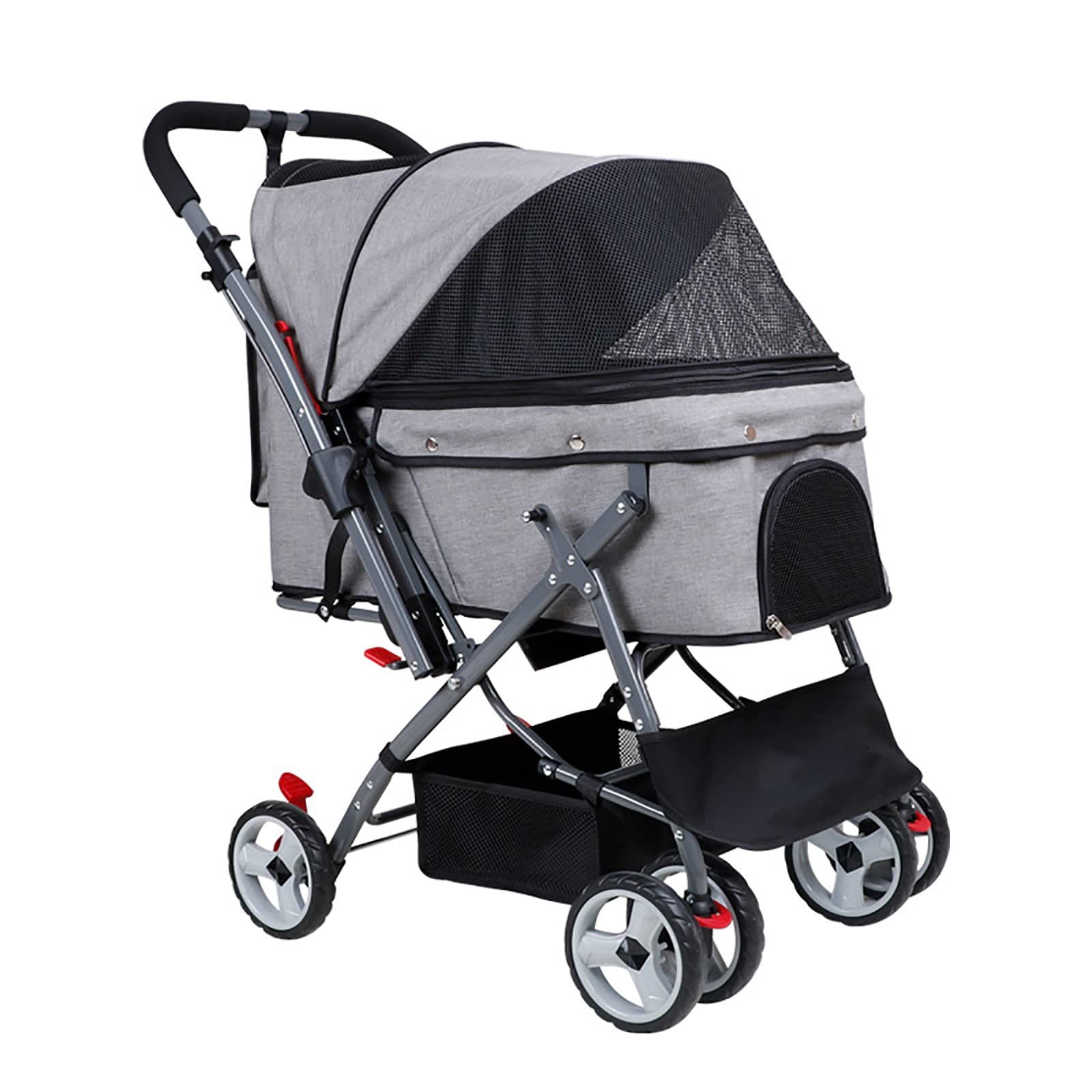 Foldable Pet Stroller for Cats, Puppies & Dogs - 4-Wheel Travel Jogger Carrier with Storage Basket, Cup Holder & Reversible Handle (Grey) - Perfect for Park Walks, Vet Visits & Outdoor Adventures