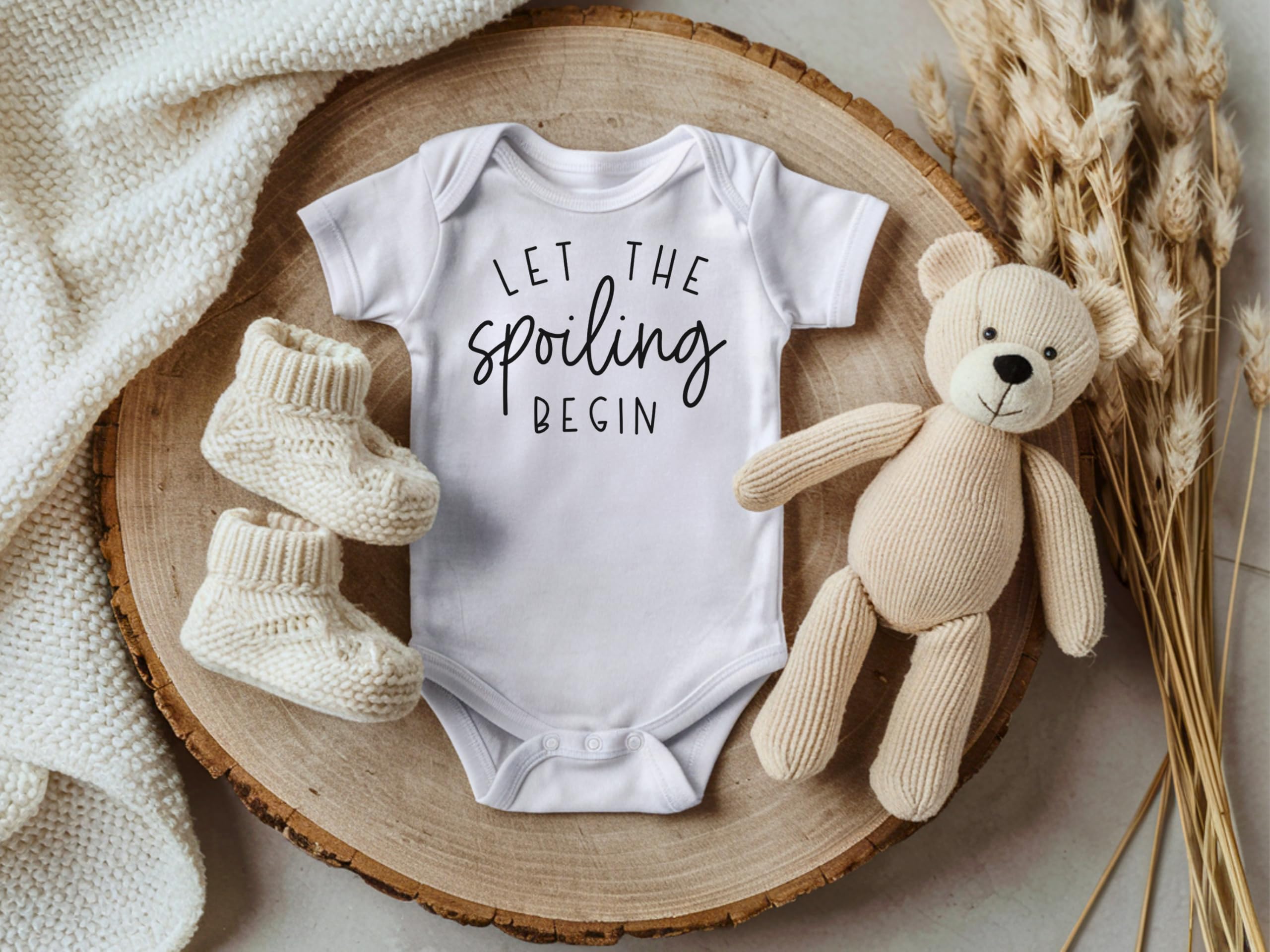 Let The Spoiling Begin Pregnancy Announcement Baby Bodysuit - Cute Infant Onesie for Grandparents, Aunts & Uncles - Soft White Newborn Outfit - Perfect Gender Reveal & Baby Shower Gift