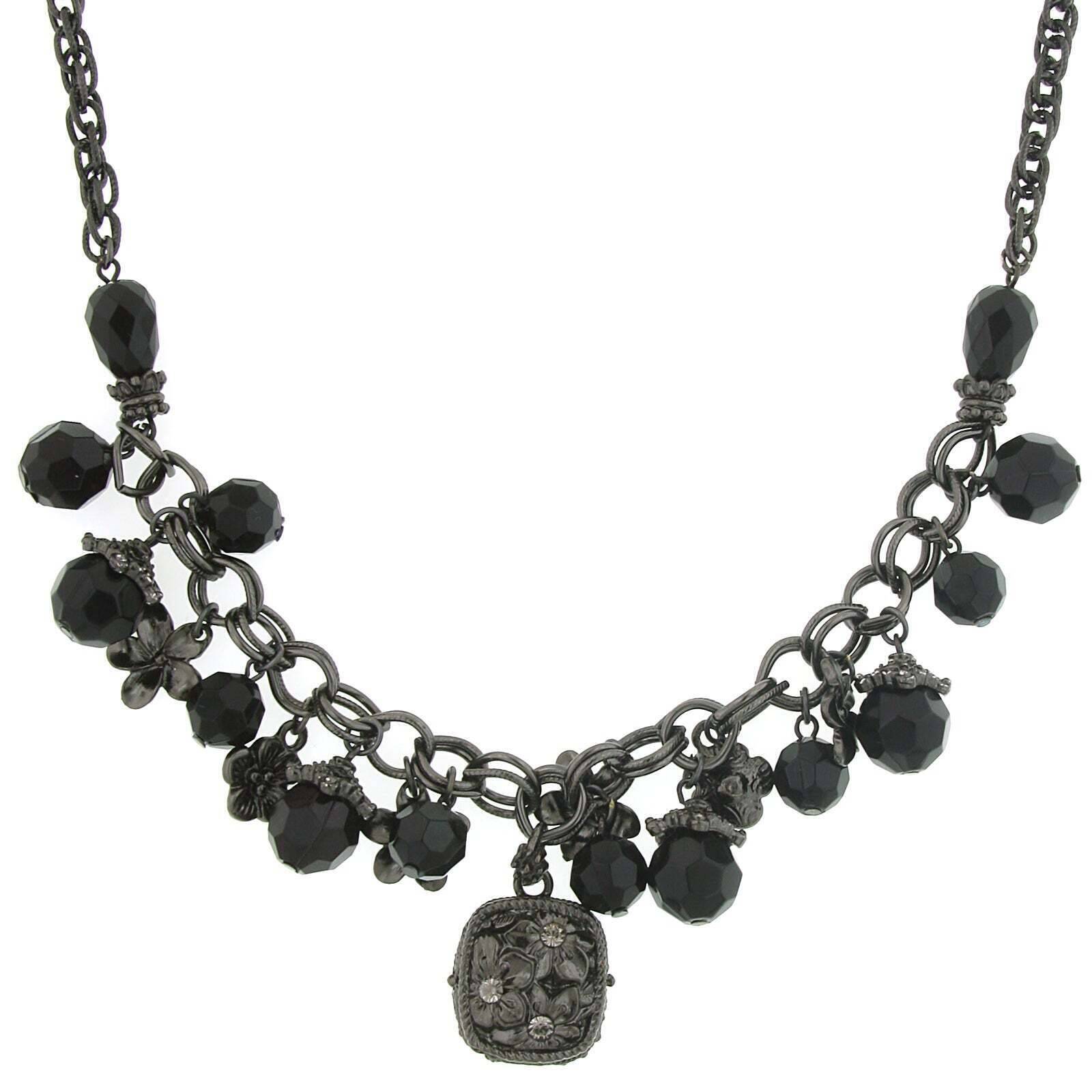 1928 Jewelry Black Bead Flower Charms & Floral Pendant Necklace - 16