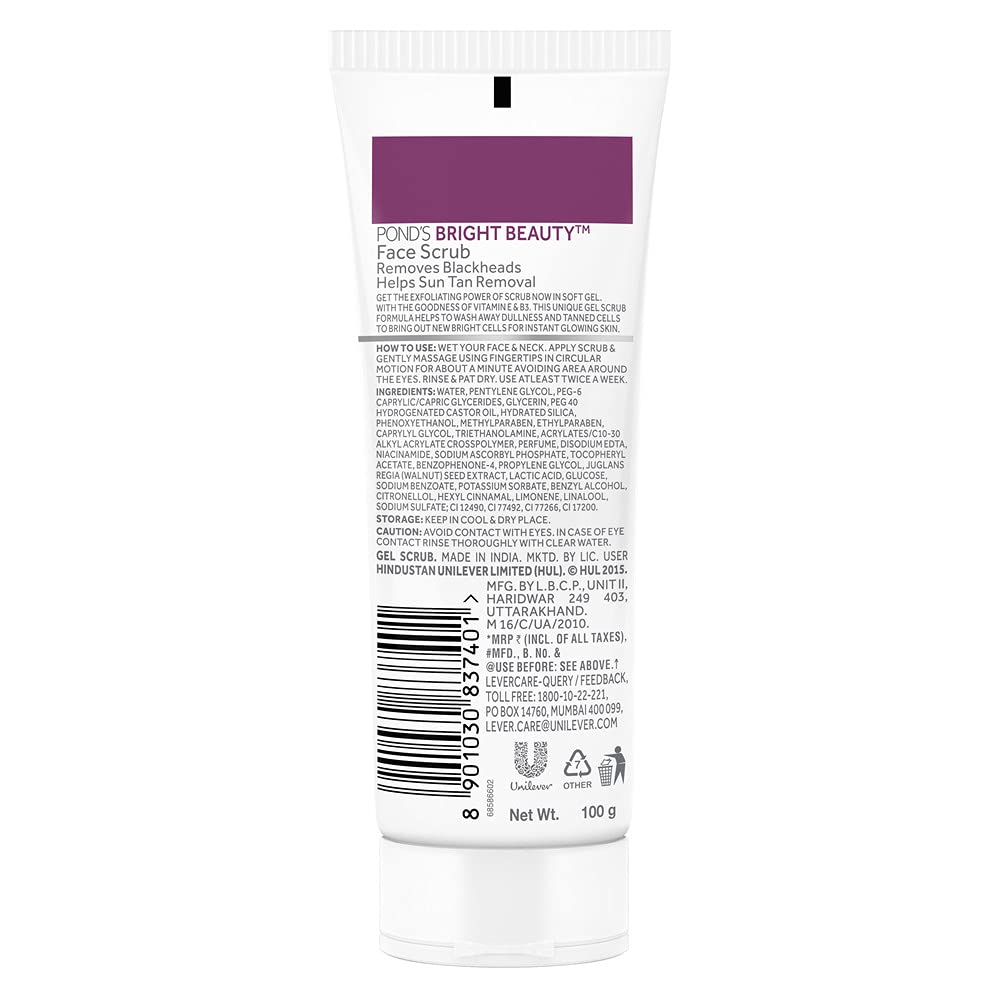 POND'S Bright Beauty Face Scrub - Deep Cleansing & Gentle Exfoliating Gel for Blackhead Removal & Sun Tan Reduction (100g) | Achieve Glowing Skin for Daily Skincare & Post-Sun Care