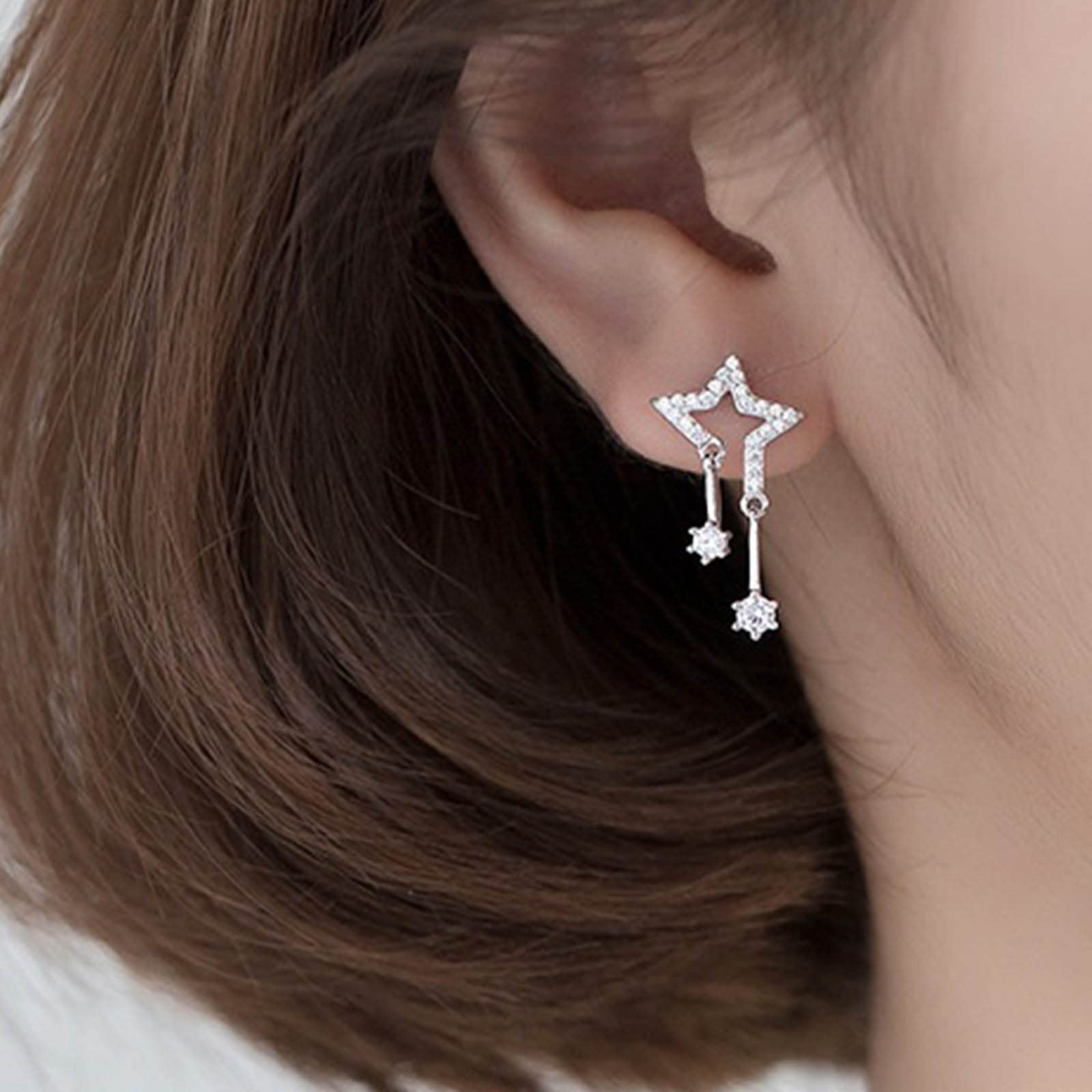 Sparkly Silver Crystal Star Dangle Drop Earrings for Women | Rhinestone Tassel Earrings | Elegant Jewelry Gift for Girls & Women | Perfect for Parties, Weddings & Date Nights