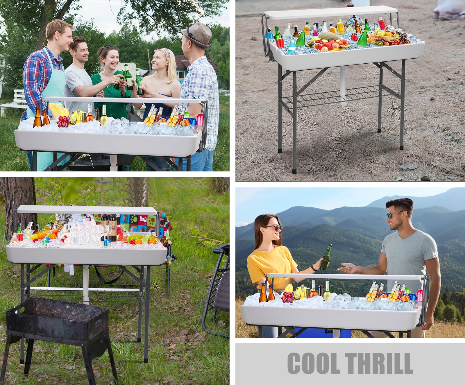 4 ft Folding Ice Table with Drain - Portable Cooler Table for Parties, Camping & Tailgating - Includes Matching Skirt (Outdoor, BBQ, Beach & Backyard Use)