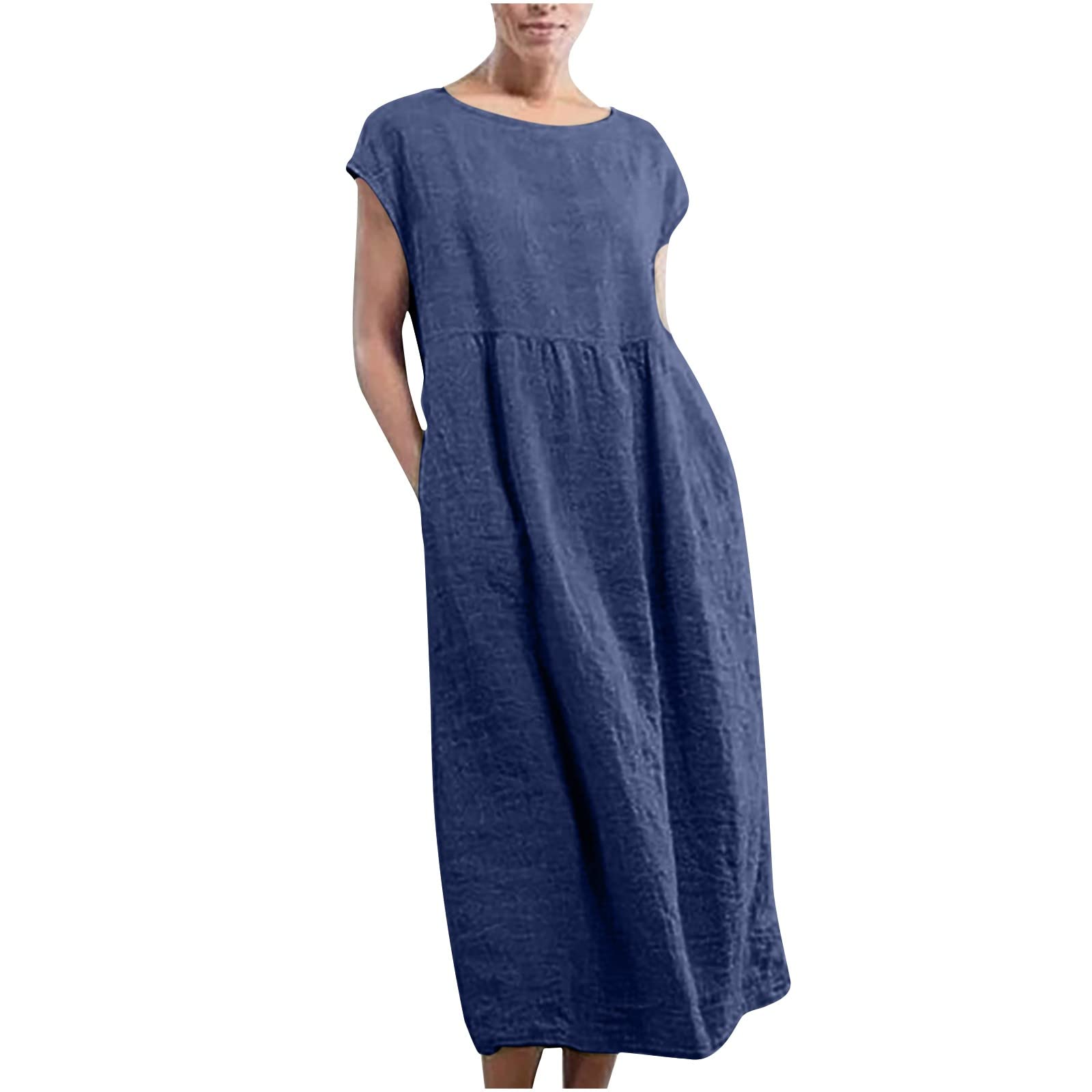 MeikoHome Women's Plus Size Casual Cotton Linen Maxi Dress - Loose Fit Crewneck Cap Sleeve Kaftan with Pockets | Perfect for Beach, Vacation & Summer Outfits