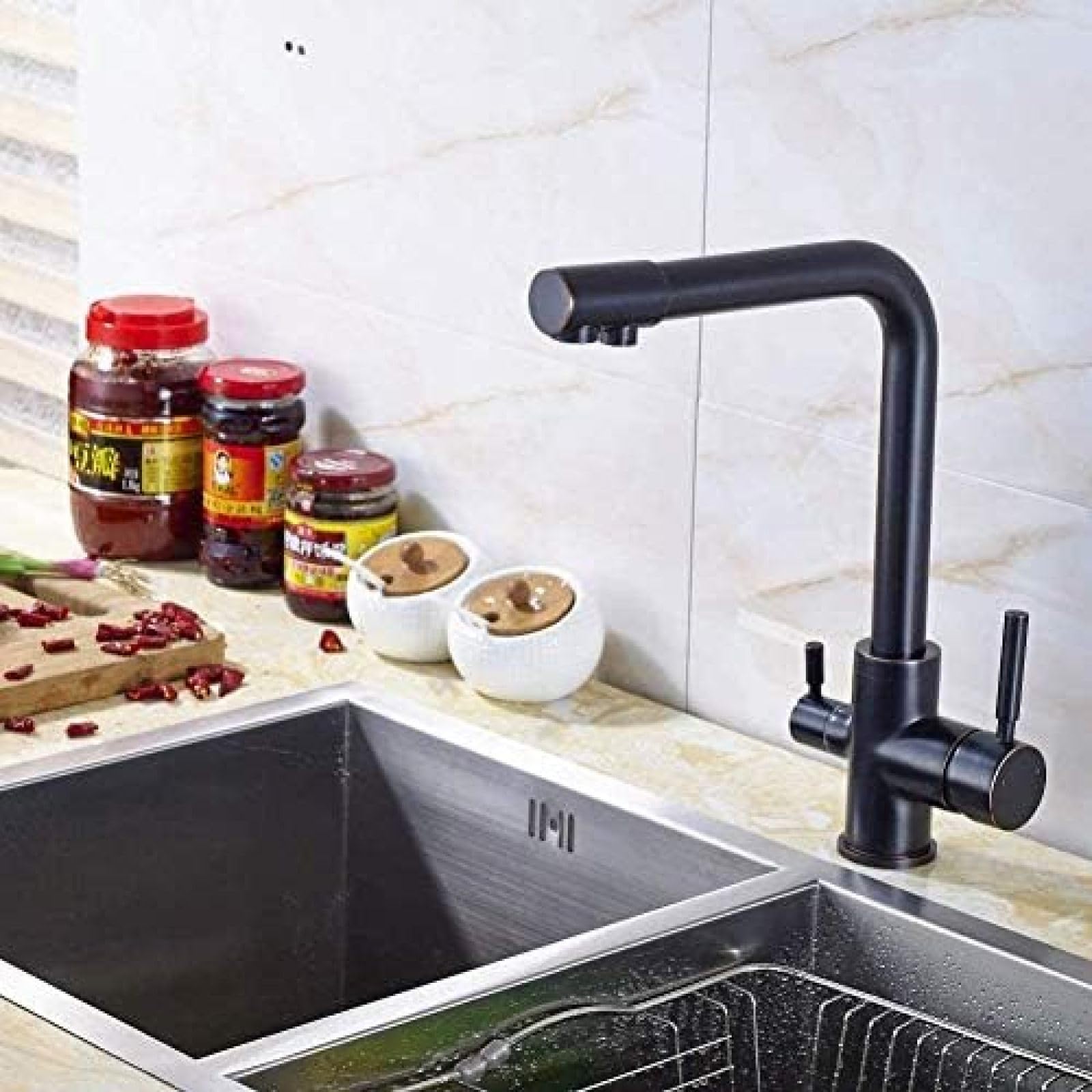 CRJUS Solid Brass Double Handle Kitchen Faucet - Deck Mounted Sink Mixer Tap for Modern Kitchens | Perfect for Cooking, Washing Dishes & Food Prep