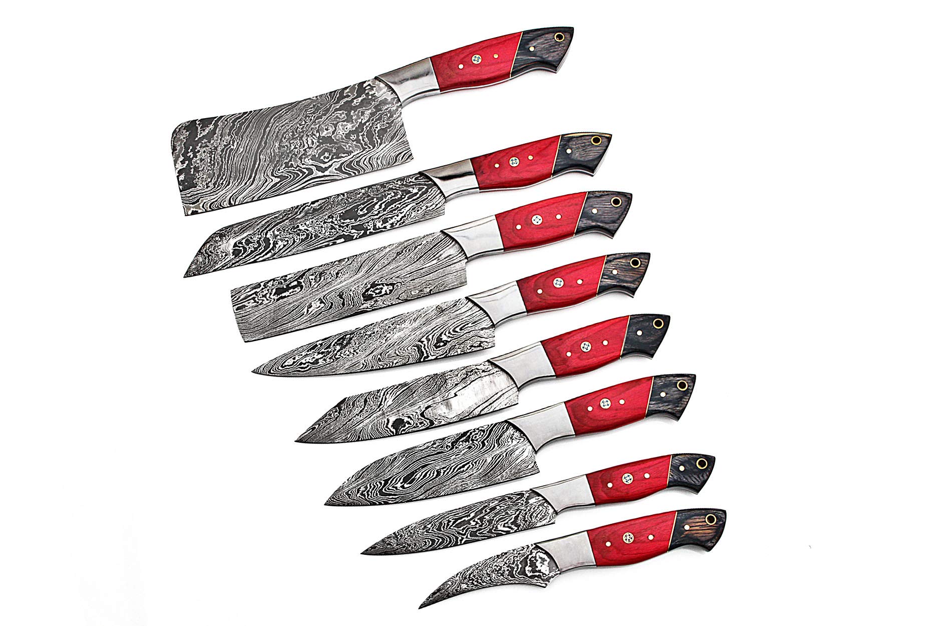 Premium Damascus Steel Kitchen Knife Set 8-Piece FBK-1027 - Handcrafted Chef Knives with Red & Black Wood Handle - Perfect for Home Cooking, Professional Chefs & Gift Giving