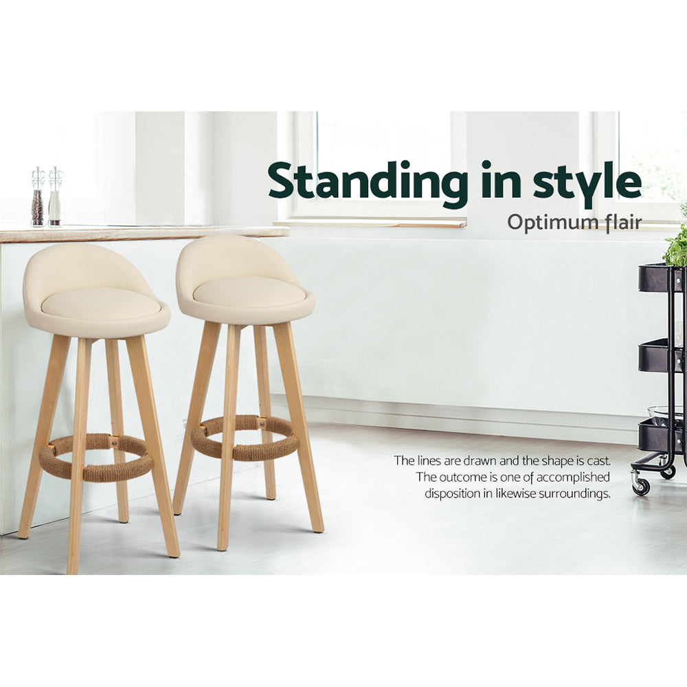 2 Padded Leather Bar Stools with Wooden Frame in Beige - Perfect for Kitchen Islands, Breakfast Bars & Home Decor