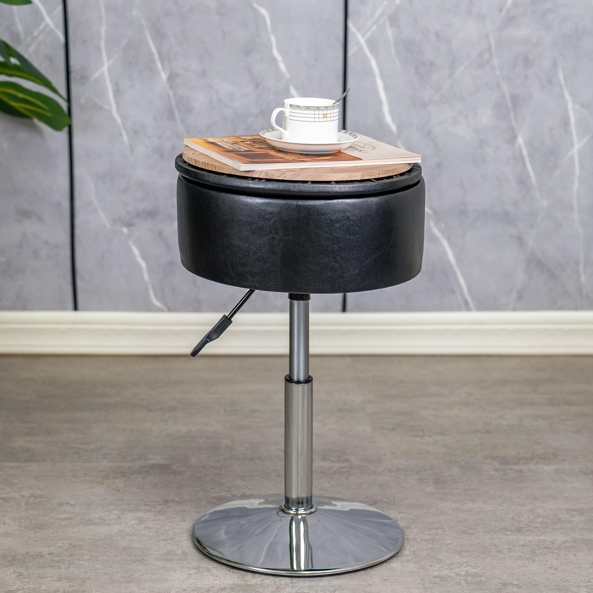 Adjustable Leather Vanity Stool with Storage - 360° Swivel Makeup Chair for Bedroom & Living Room, Round Ottoman Footrest (Black) - Perfect for Dressing Tables, Beauty Rooms & Home Decor