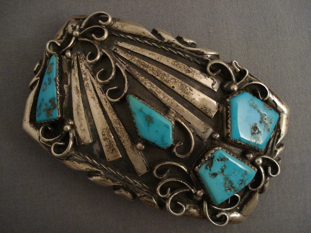 Authentic 95 Gram Heavy Old Navajo Turquoise Native American Jewelry Silver Buckle - Handcrafted Southwest Style Belt Accessory for Western Fashion & Boho Outfits