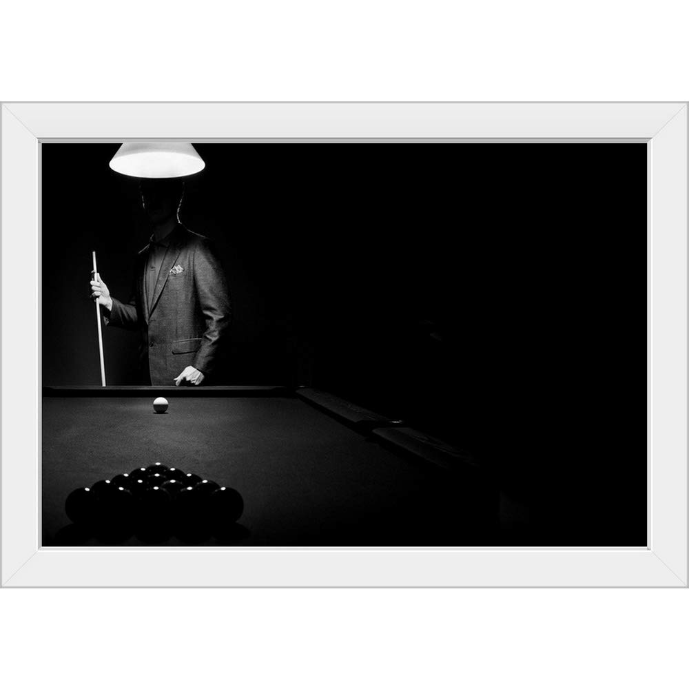 White Framed Billiards Art Print - Stylish Pool Player Mystery Scene - Perfect for Game Room, Man Cave & Sports Bar Decor
