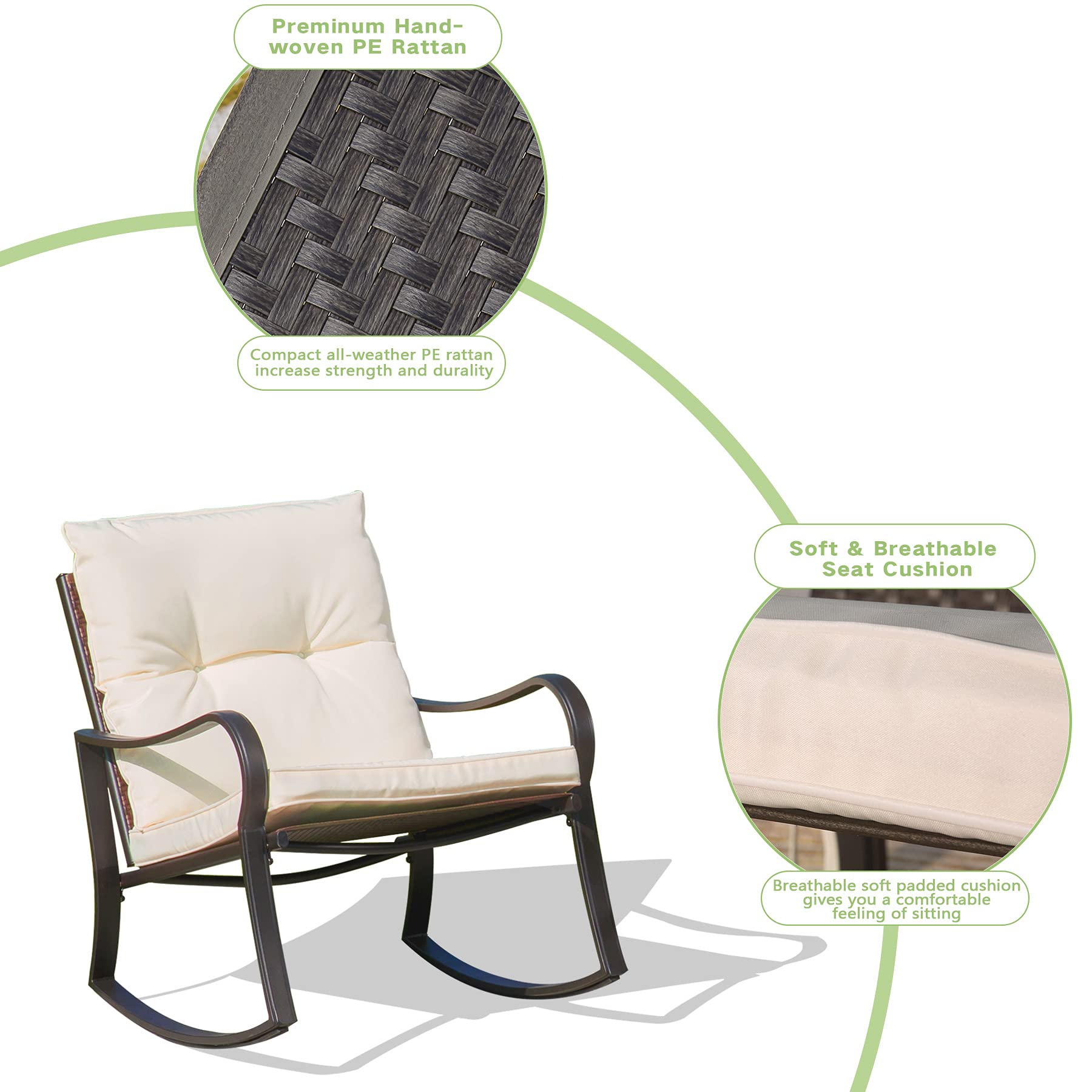 Domi Outdoor Living 3-Piece Rocking Bistro Set - Black Steel Wicker Rocking Chairs with Cushions & White Glass Top Coffee Table - Perfect for Patio, Garden, Porch, and Backyard Relaxation