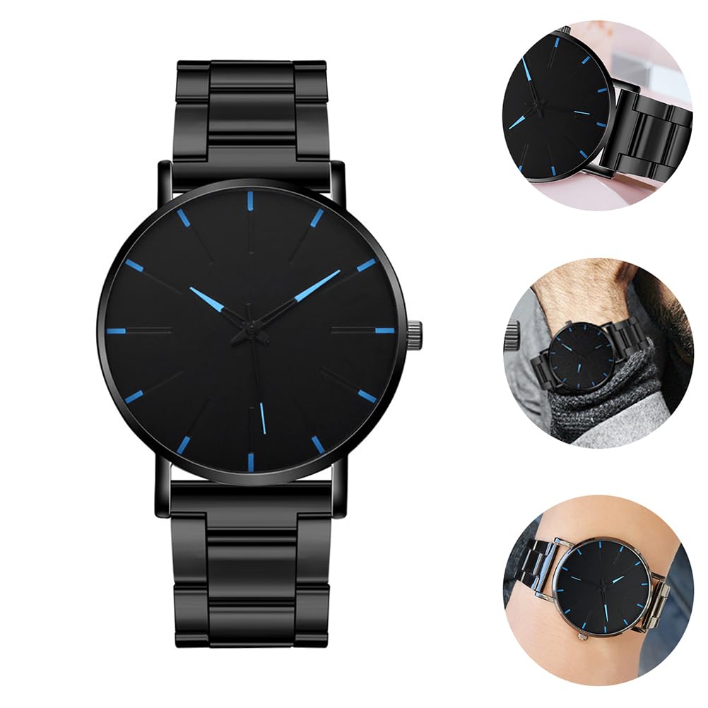 Ultra-Thin Stainless Steel Men's Watch - Black & Blue Casual Business Chronograph with Metal Strap | Waterproof Dress Watch for Office, Dating & Everyday Wear