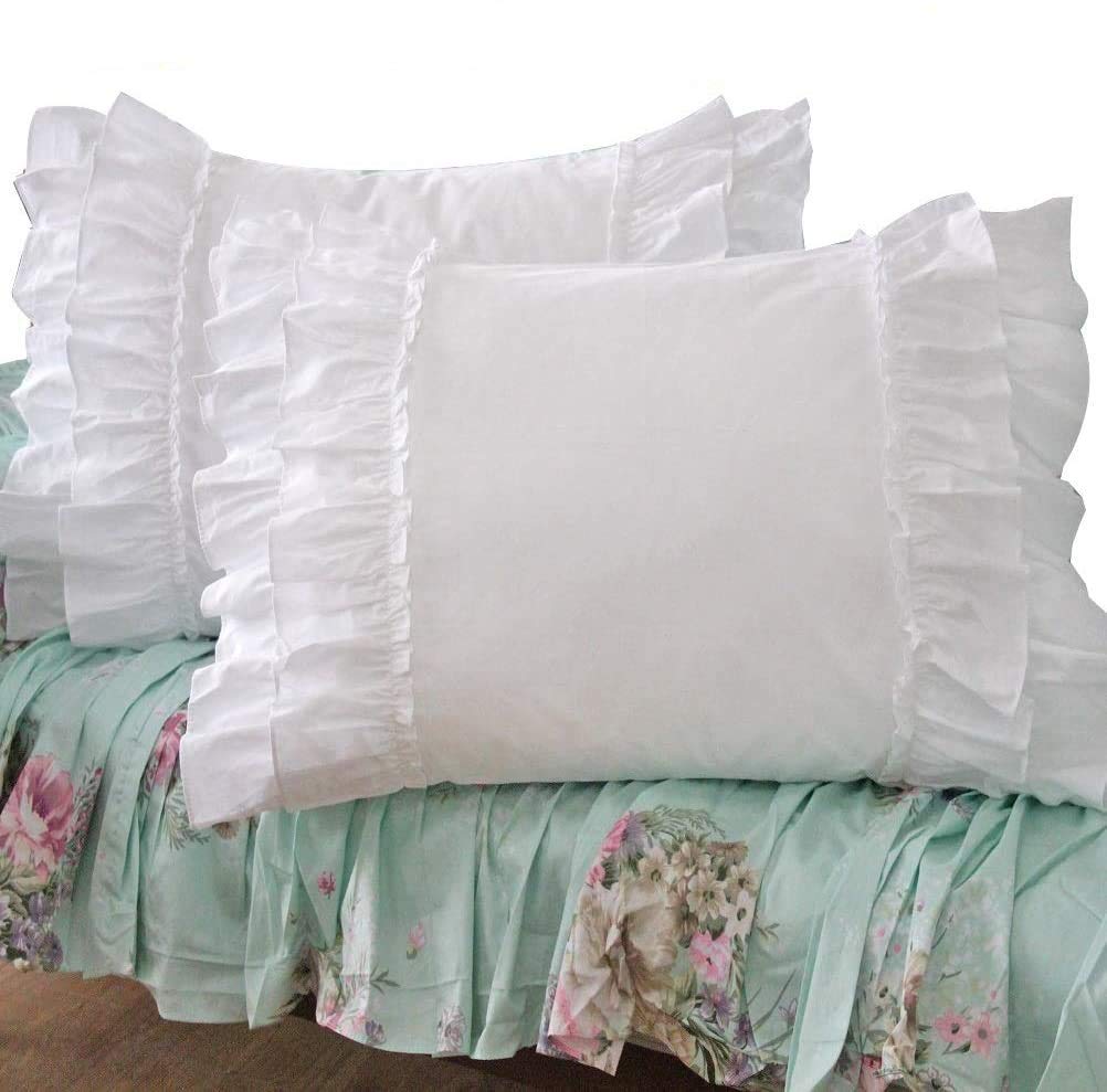 Queen's House White Ruffle Pillow Shams - Set of 2 Cotton Pillowcases for Bedroom Decor