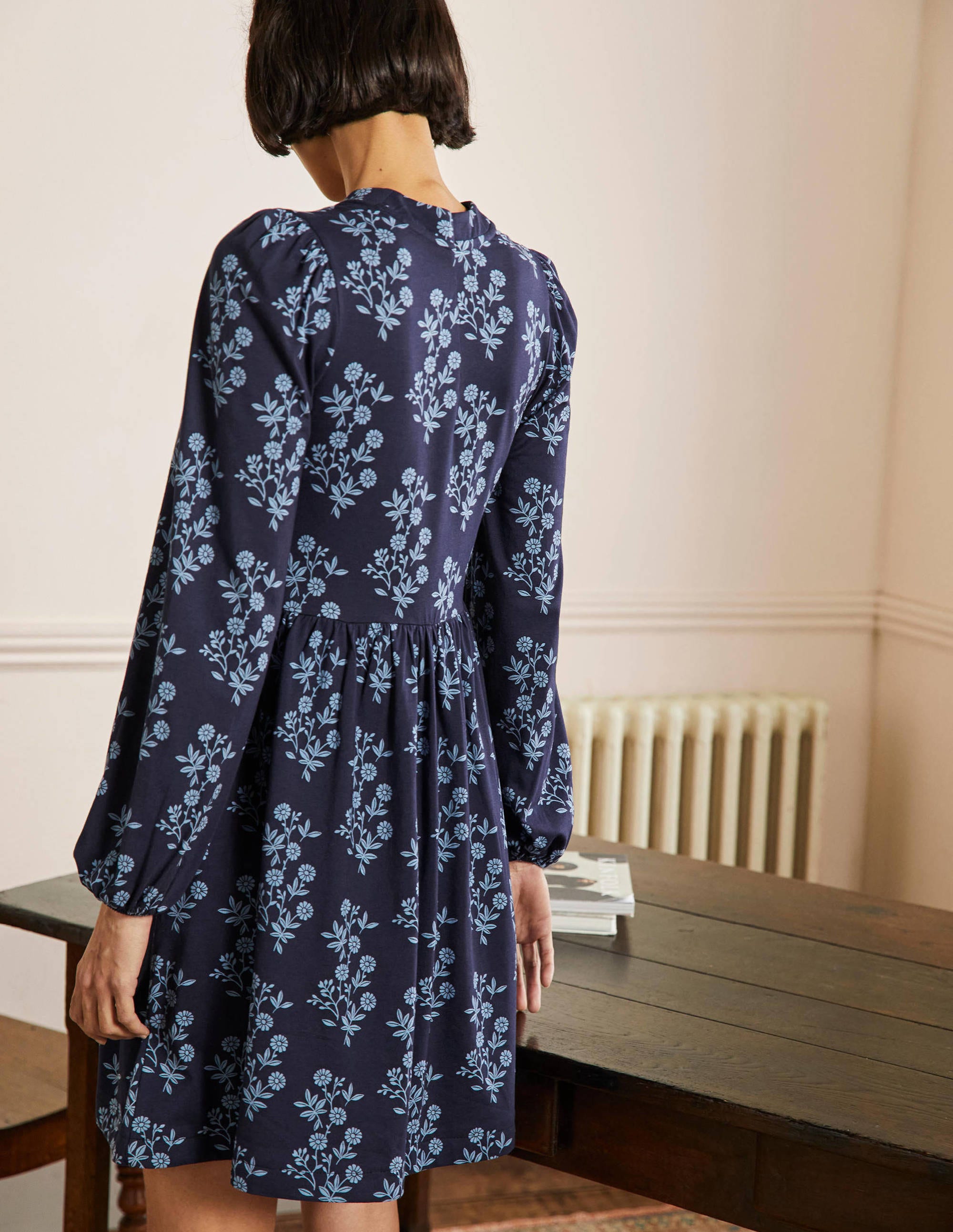 French Navy Button Through Jersey Dress with Leafy Cluster Print - Perfect for Casual Outings, Office Wear & Summer Parties