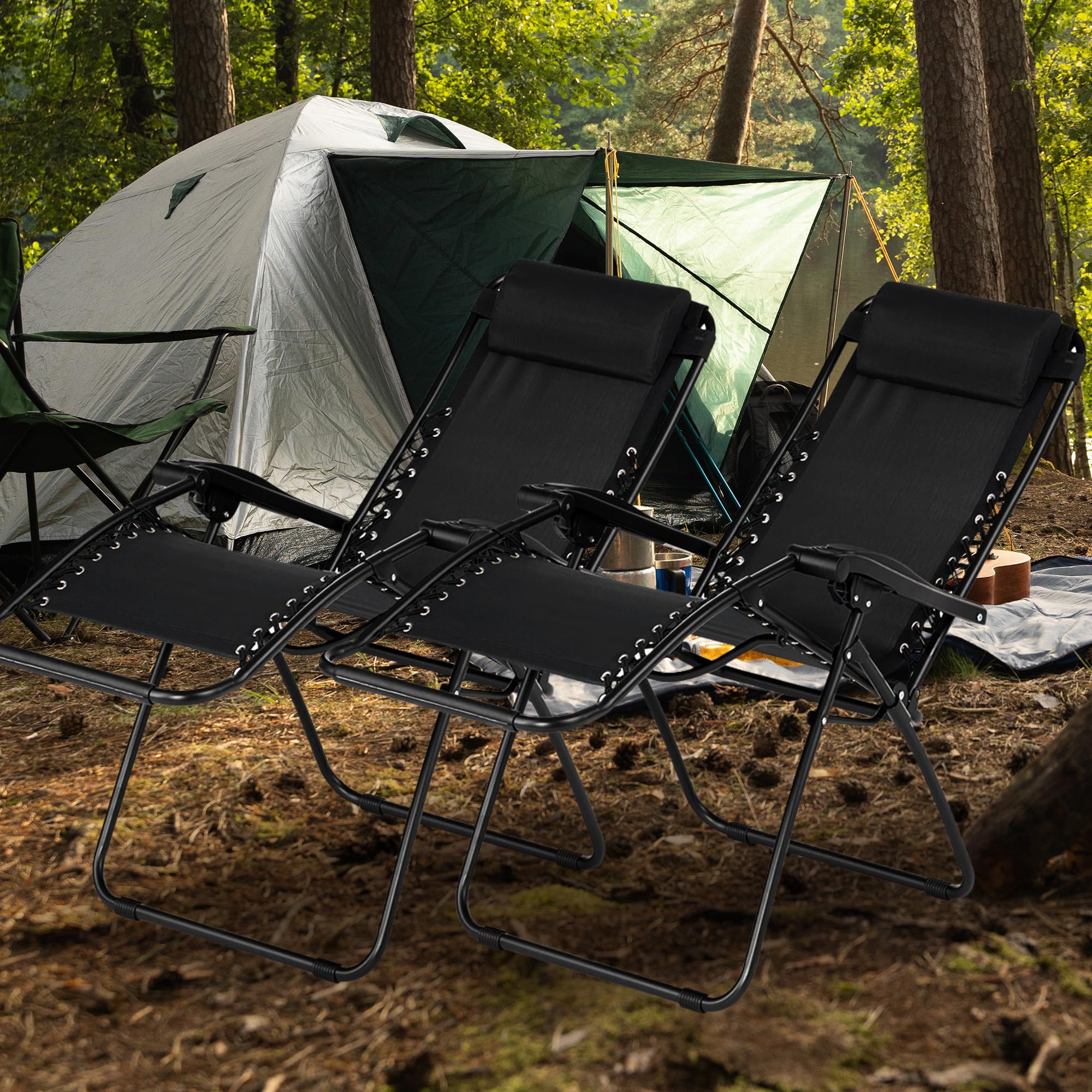 **Adjustable Zero Gravity Folding Camping Chair with Headrest - Portable Outdoor Lounge Chair for Patio, Lawn, Deck & Backyard (Pair, Black) - Perfect for Relaxing, Sunbathing & Camping Trips**