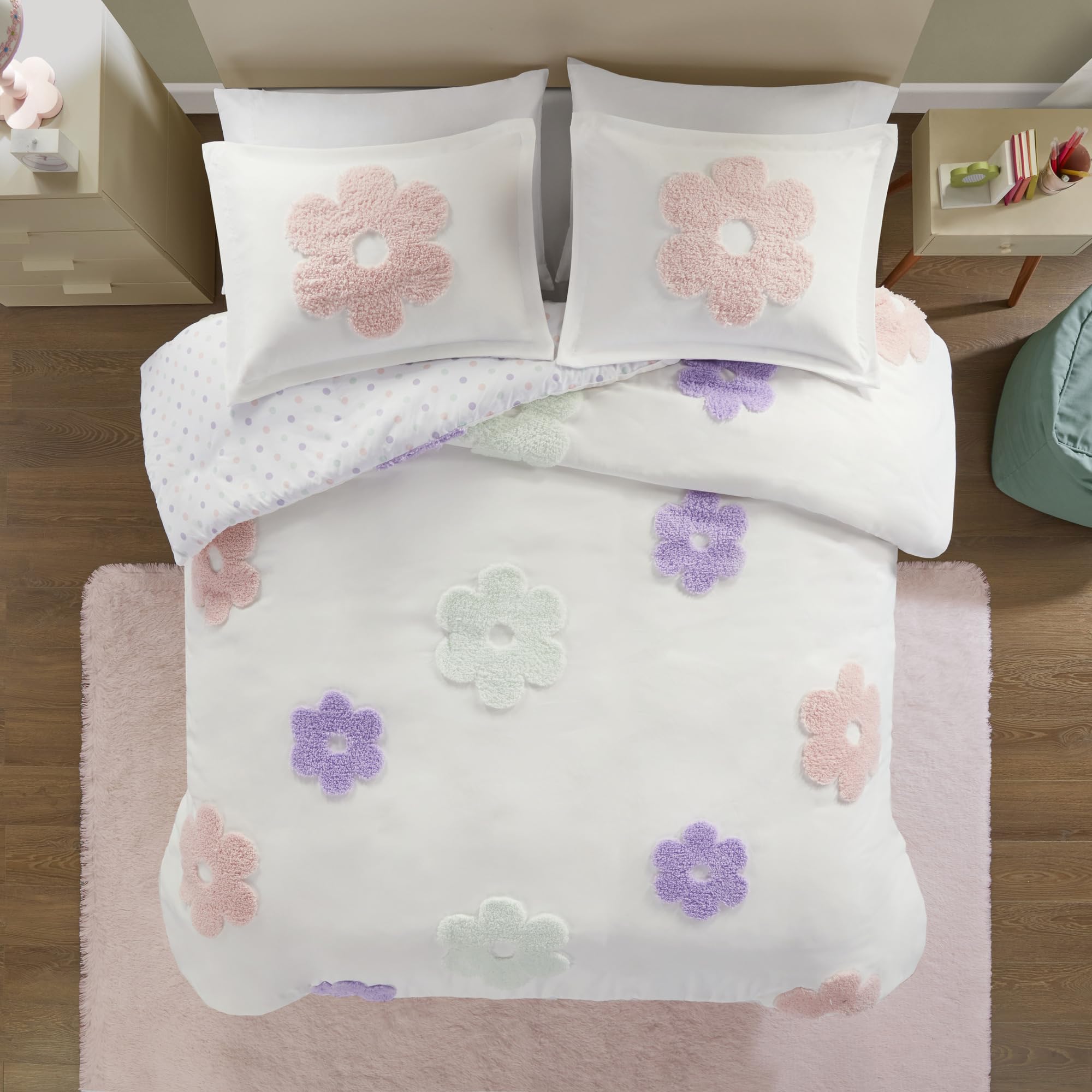 Queen Size Duvet Cover Set for Girls - Tufted Chenille Floral Reversible Bedding with Polka Dot Design | Lightweight 4-Piece Set Includes Duvet Cover, Sham & Pillowcases | Perfect for Teen Bedrooms, Guest Rooms & Cozy Purple Themed Decor (Full/Queen, White & Purple)