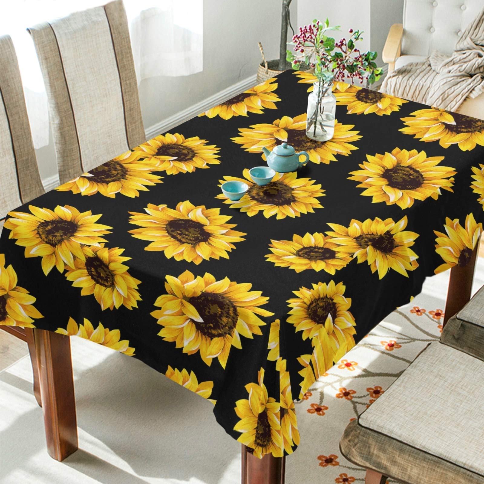 Sunflower Tablecloth 60x90 Inches - Black Background Rectangular Polyester Table Cover for Party Decor, Wedding, Dinner & Holiday Events - Washable & Wrinkle-Resistant