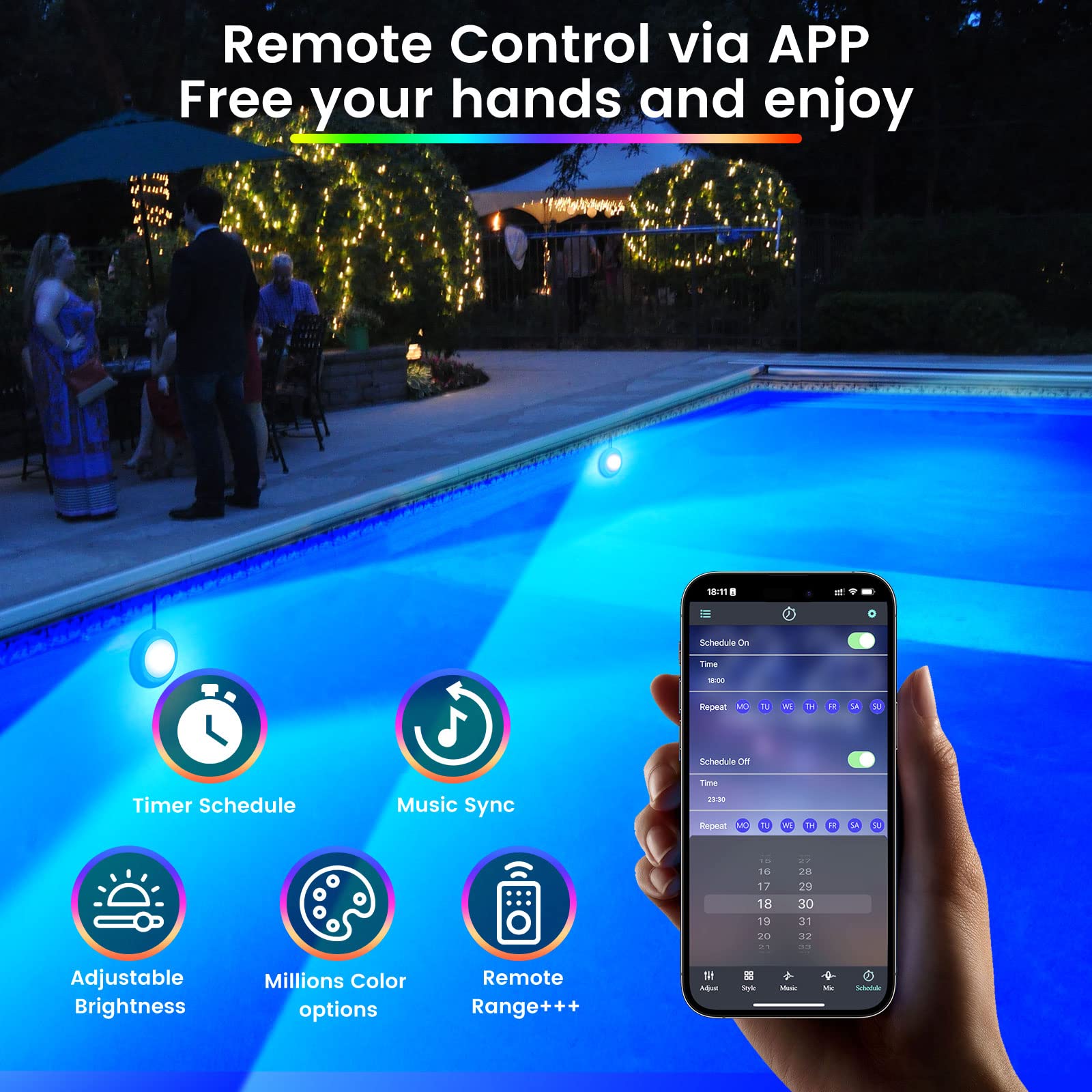 LyLmLe 50W LED Pool Lights - 12V APP Controlled Underwater Lights with Timer, 2000lm Brightness, IP68 Waterproof for Aboveground & Inground Pools (Blue) - Perfect for Night Swimming, Pool Parties, and Backyard Decor