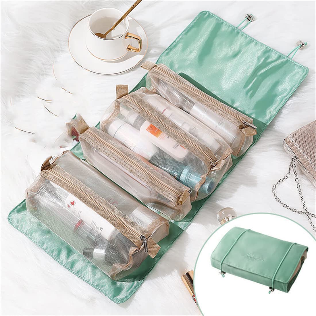 Large Waterproof Hanging Makeup Bag - Foldable Travel Cosmetic Organizer with Detachable Compartments, Green Toiletry Storage for Women | Perfect for Travel, Gym, and Daily Beauty Essentials