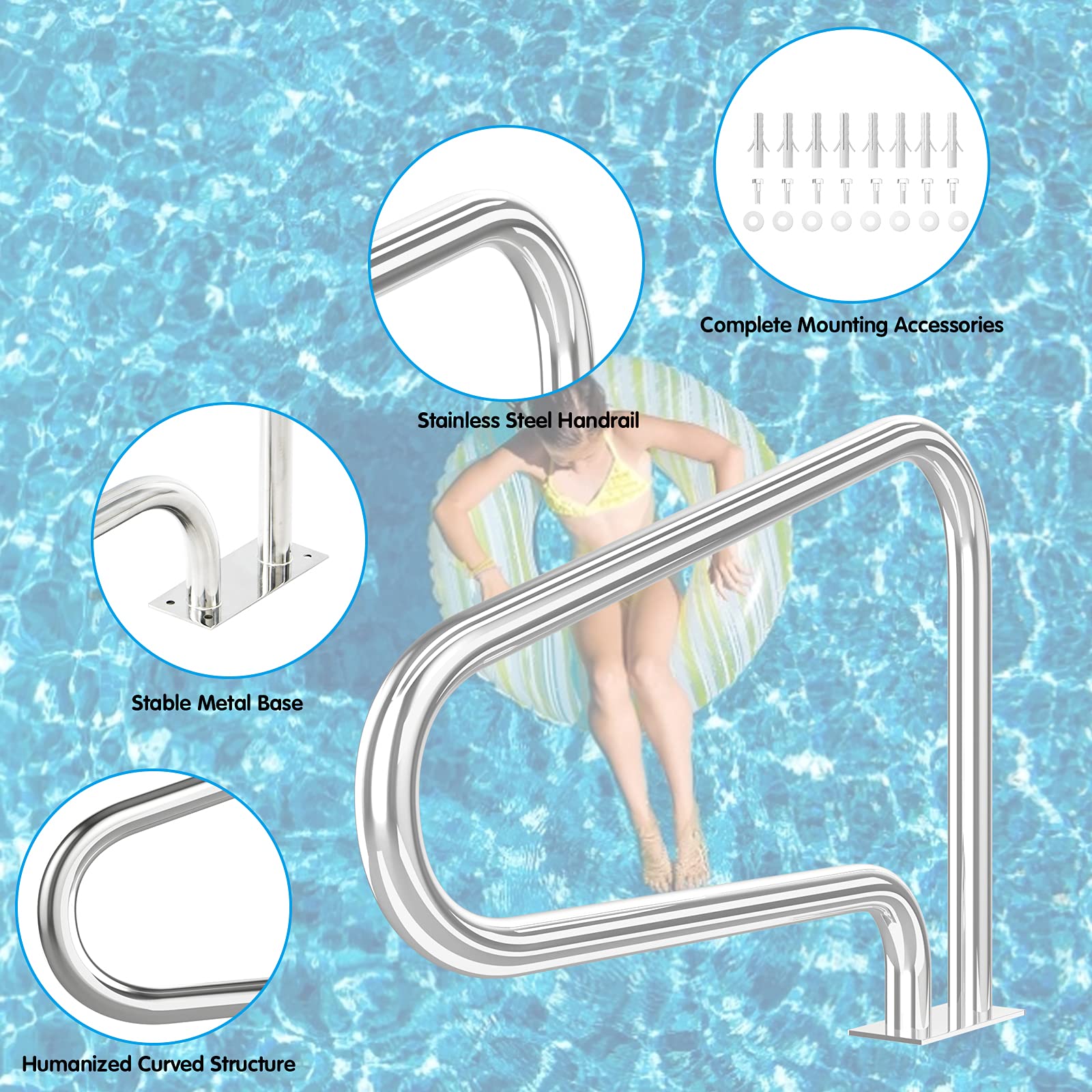 Stainless Steel Pool Handrail for Inground Pools - 2 Pack Safety Railings with Base Plate (46