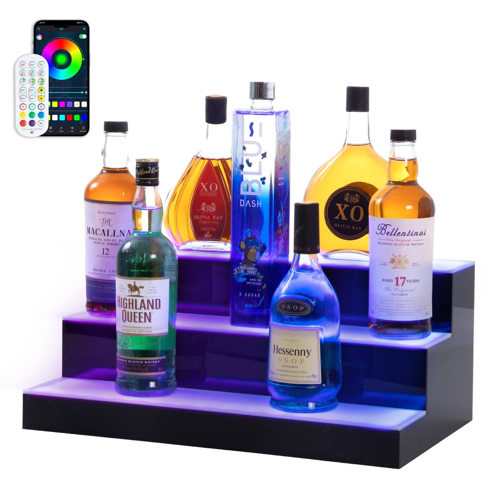 3-Tier LED Illuminated Whiskey Bottle Display Shelf - 20 Inch Acrylic Bar Stand with USB, RF Remote & App Control - Holds 18 Bottles for Home Bar, Party Decor & Restaurant Display