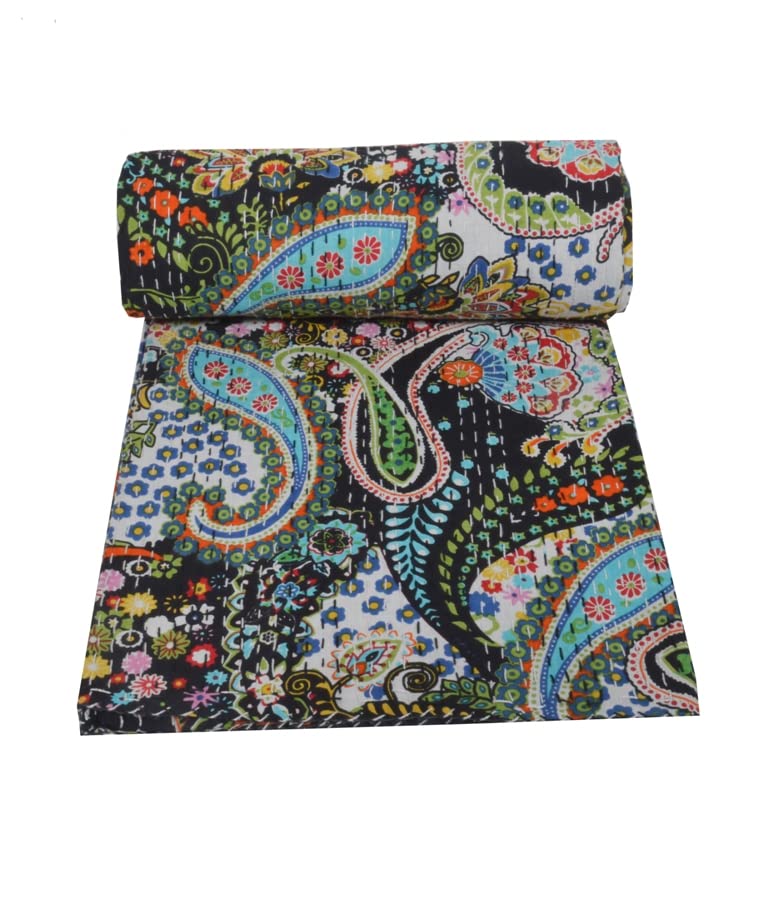 Handmade Indian Kantha Quilt - Cotton Block Print Throw Blanket | Super Soft Queen Size 90x108 Inch | Traditional Bedspread for Bedroom & Home Decor | Perfect for Cozy Nights, Guest Rooms & Boho Chic Styling (Black)