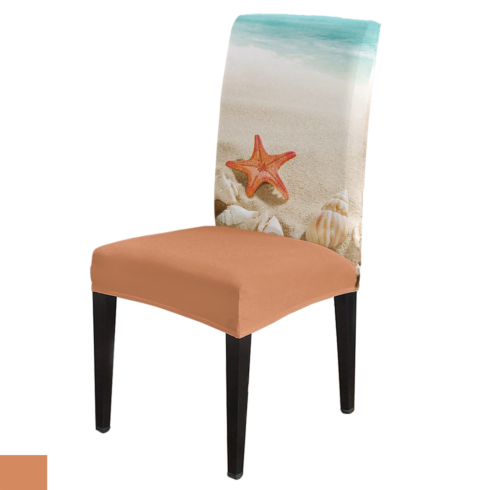 Stretch Chair Covers Set of 6 - Soft Washable Elastic Dining Room Chair Protectors with Summer Beach Marine Shells & Starfish Design for Kitchen, Office, and Outdoor Use
