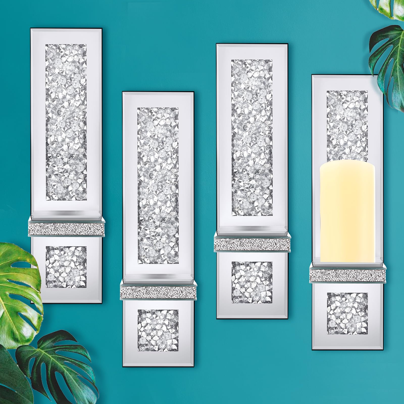 Hsei Set of 4 Silver Mirrored Crystal Crush Diamond Wall Candle Holders - 17.3 x 6.3 Inch Rectangle Candle Sconces for Living Room, Dining Room, Bedroom - Elegant Home Decor for Weddings, Parties & Romantic Ambiance