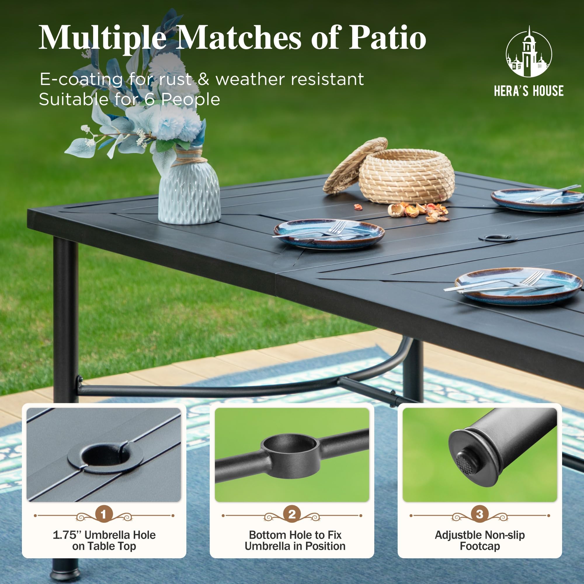 HERA'S HOUSE 64 Inch Outdoor Dining Table with Umbrella Hole - Weather Resistant Rectangular Patio Table for Garden, Backyard, Lawn - Perfect for Outdoor Entertaining, BBQ Parties & Family Gatherings